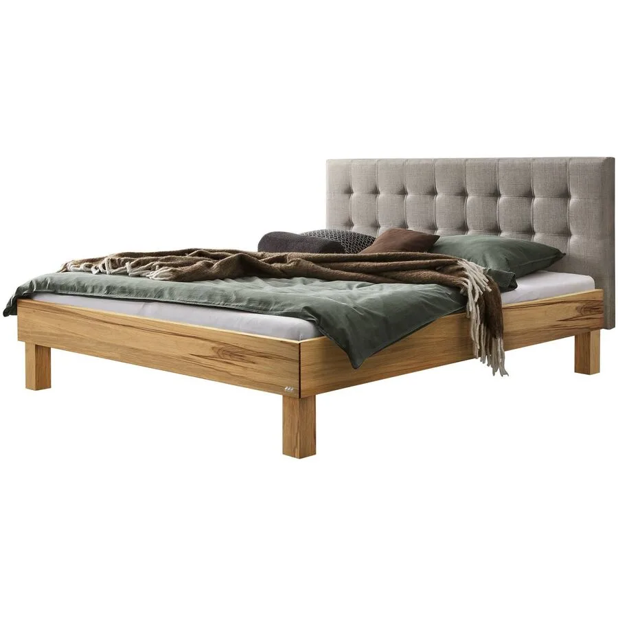 Hasena Bett Zoro Grau, Natur Buche, Stoff Massivholz 140 x 200 cm