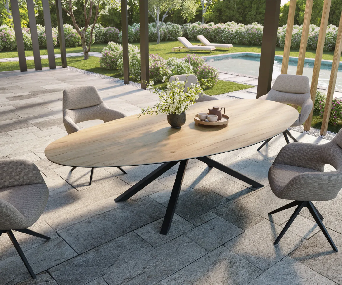 Outdoortisch Edge Oval 280x130 cm Keramik Laminam® Sabbia Eichefarbig Kreuzgestell Rechteck Schwarz