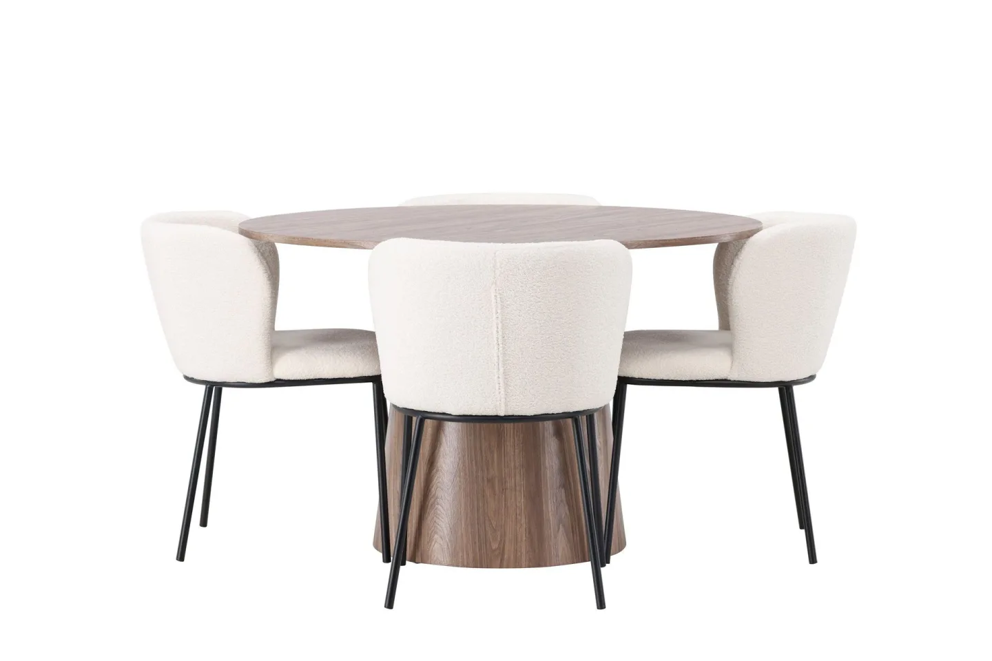 Lanzo Rund Matgrupp i Trä 120 cm med 4 Edina Stolar - Natur / Beige / Vit