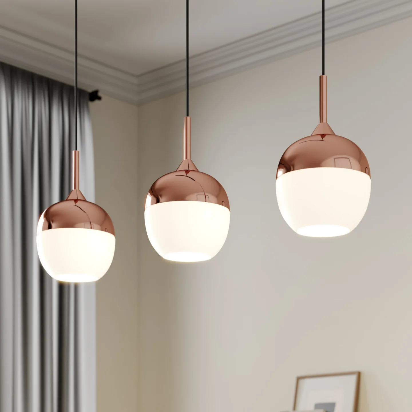 Lindby Pendellampe Rangina, 100 cm, kupfer, 3-flammig, Glas - Wohnzimmer - Modern - Mehrflammig