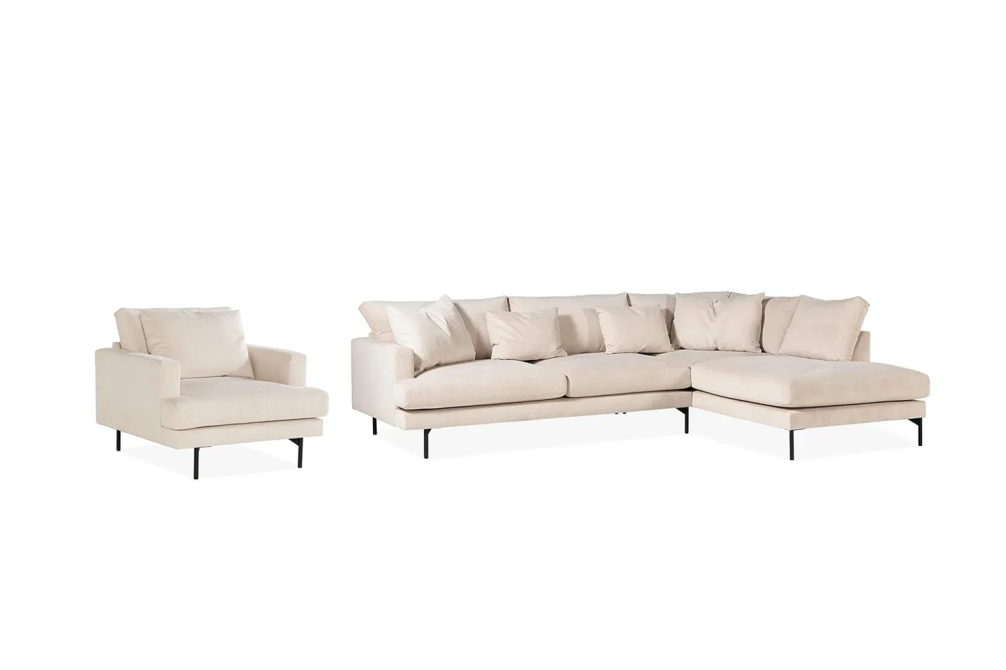 Menard Soffgrupp 4-sits Högervänd L-formad Schäslongsoffa + Stor Fåtölj i Manchester - Beige