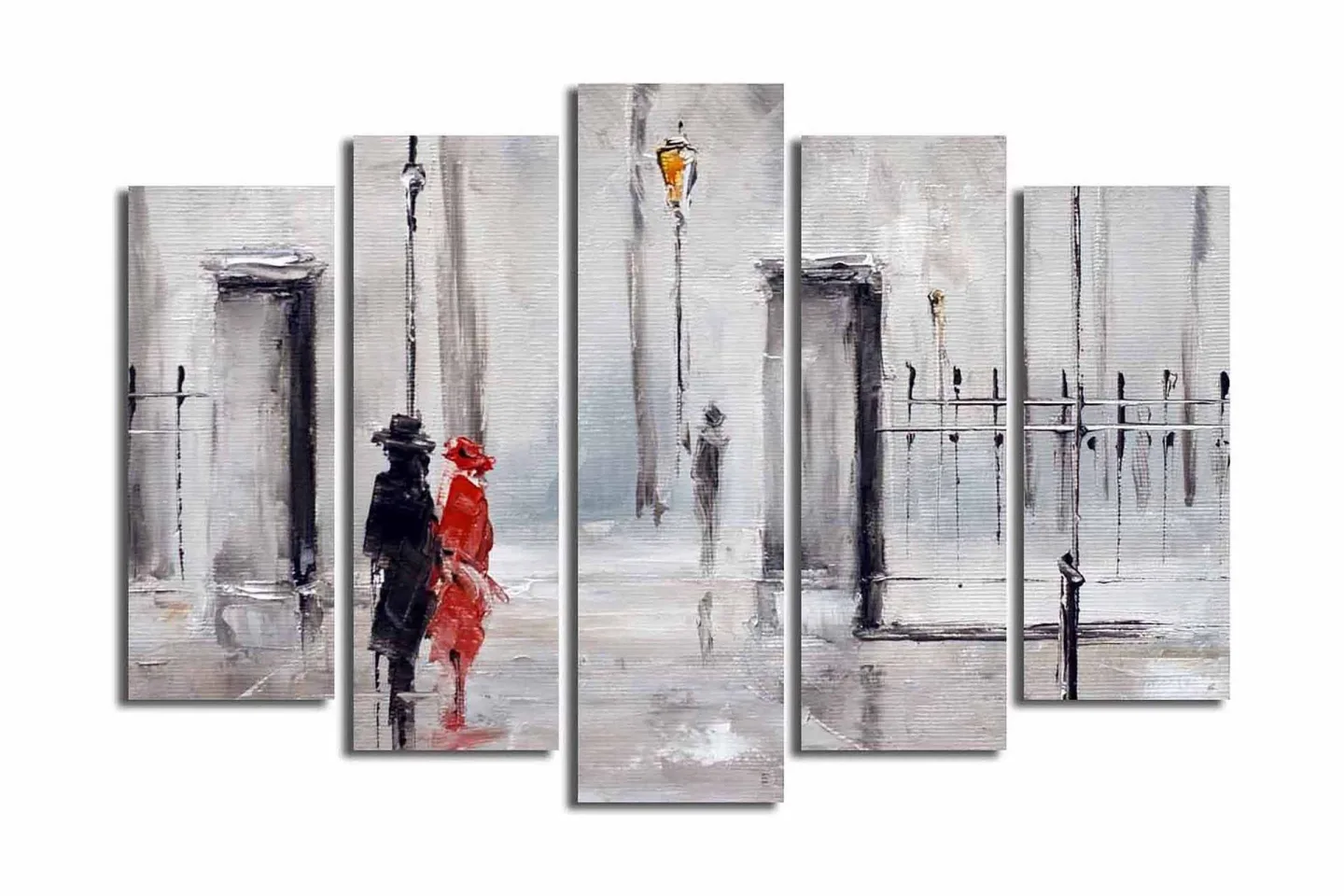 Stor Canvastavla i 5 delar 105x70 cm - Par i regn med en röd klänning och svart kostym - Röd / Svart / Grå