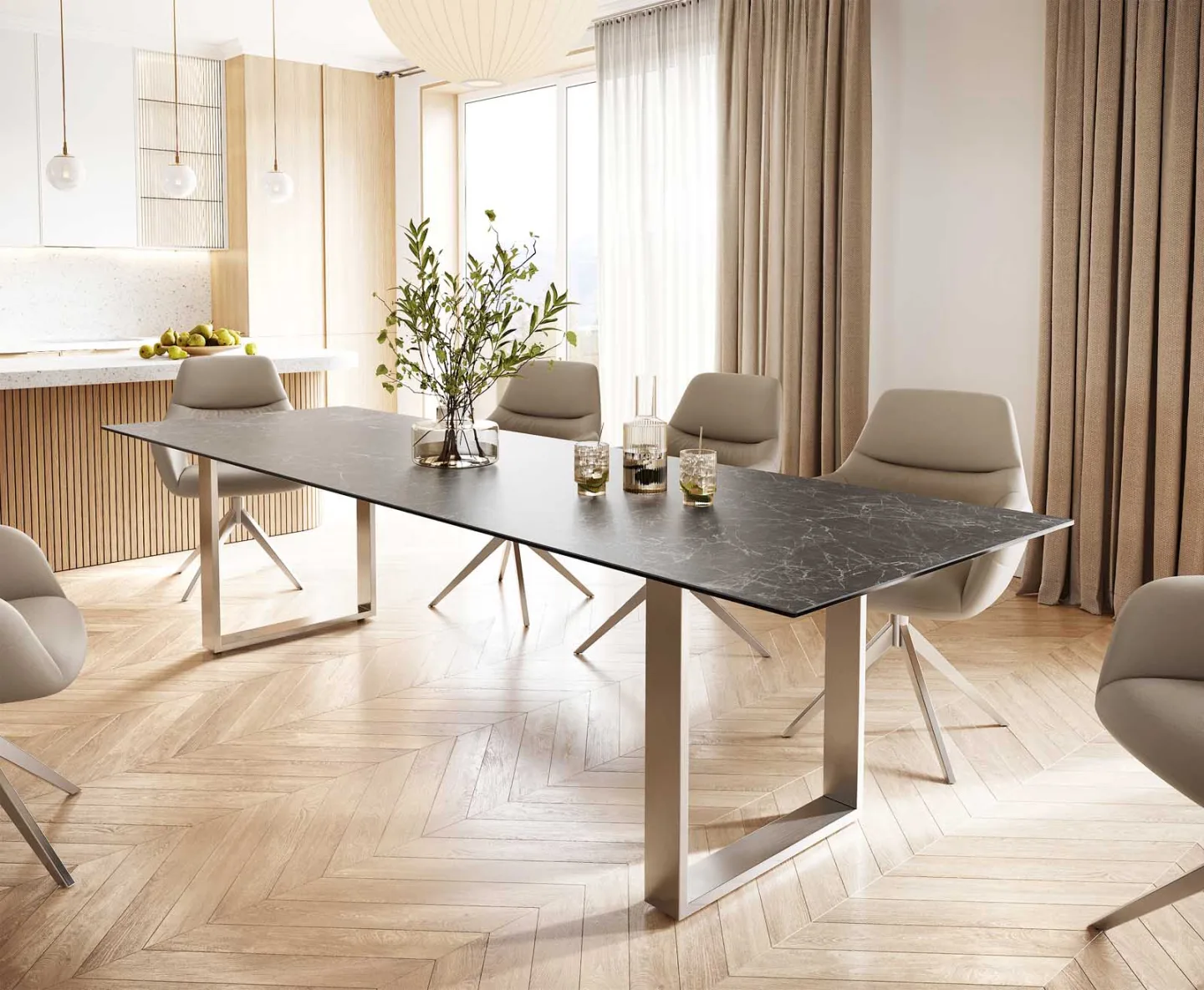 Esstisch Edge 300x100 Keramik Laminam® Nero Greco Anthrazit Edelstahl Schmal