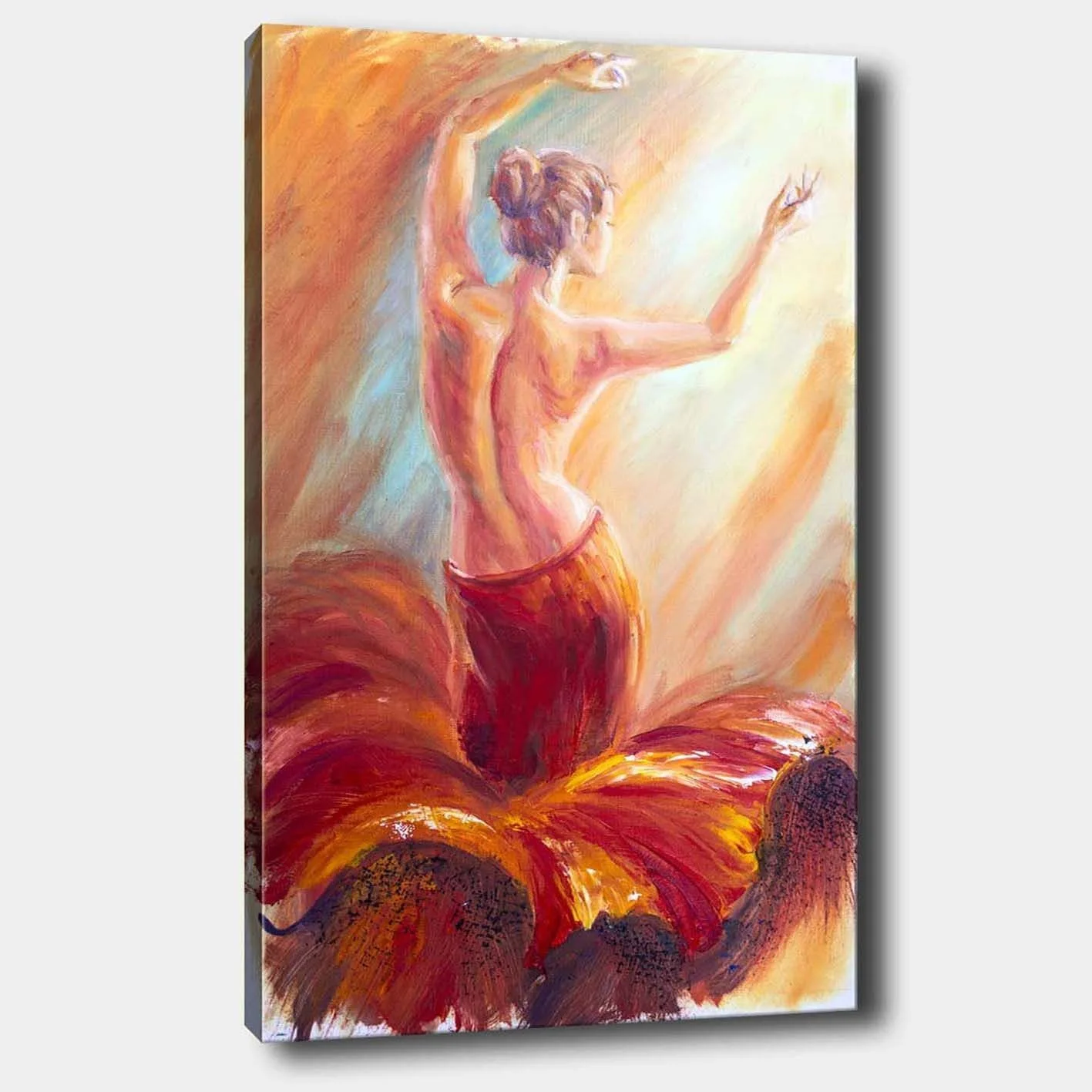 Canvastavla 70x100 cm - Elegant dansös i en röd klänning som fångar rörelsen och känslan av dans - Röd / Orange / Beige