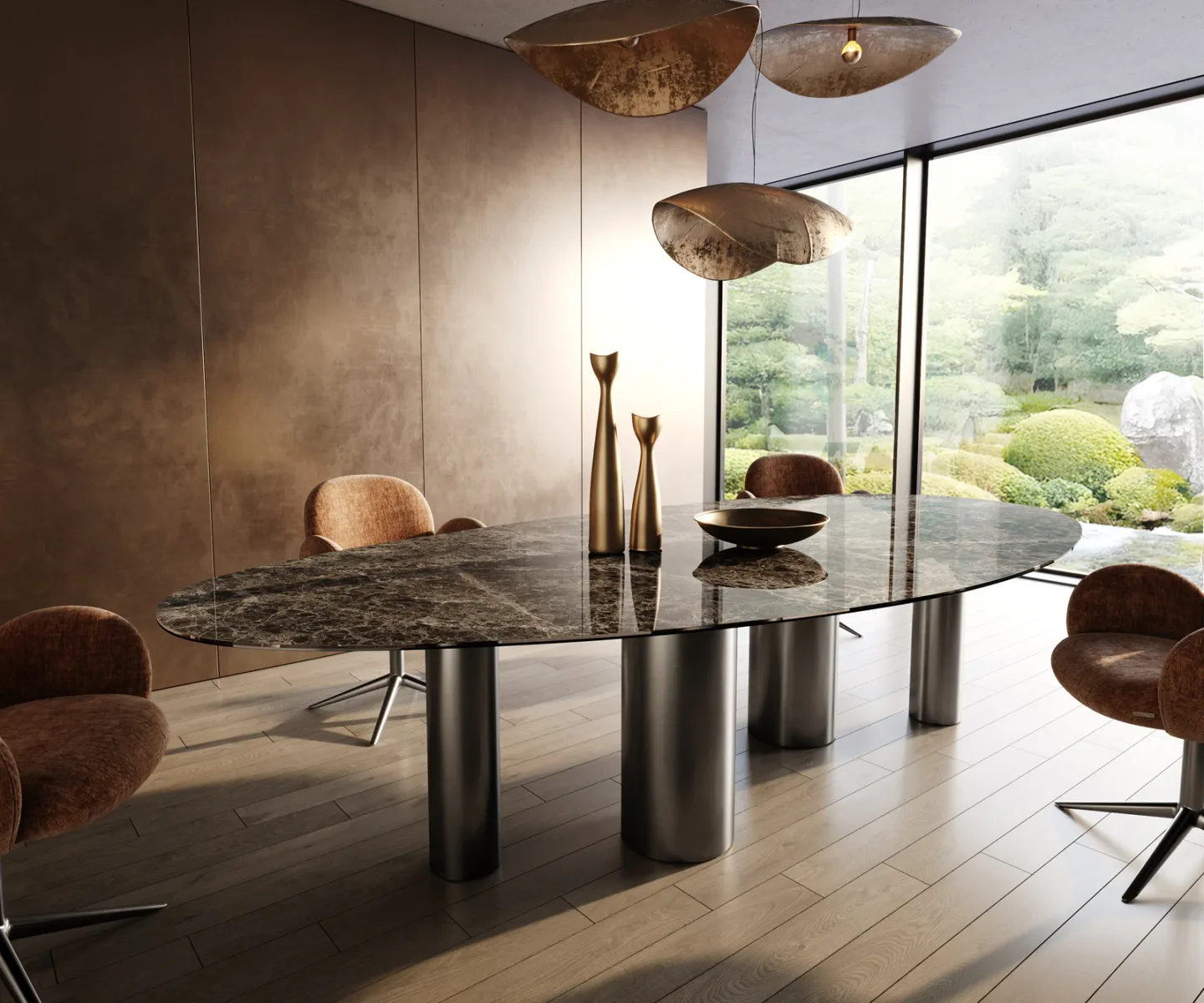Esstisch Edge Oval 315x150 Keramik Emperador Extra Lucidato Dunkelbraun Pilier Edelstahl Graphit