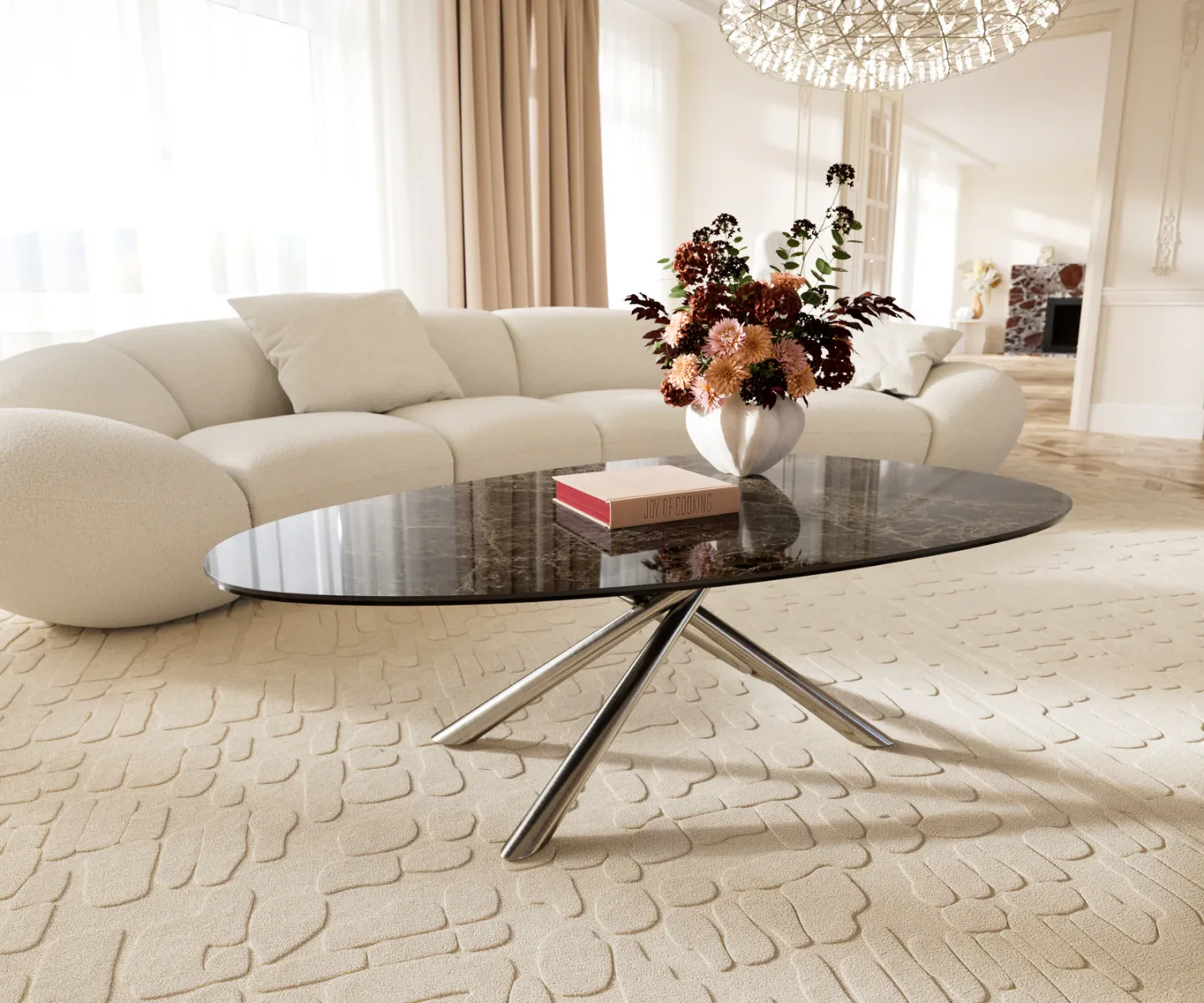 Couchtisch Edge Oval 140x75 cm Keramik Emperador Extra Lucidato Dunkelbraun Sarity Edelstahl gebürstet