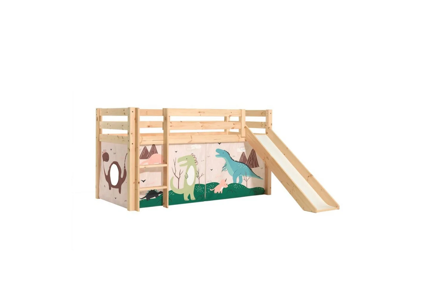 Halvhög Säng med gardin och rutschkana Pino Naturlig, Dino - Naturlig, Dino