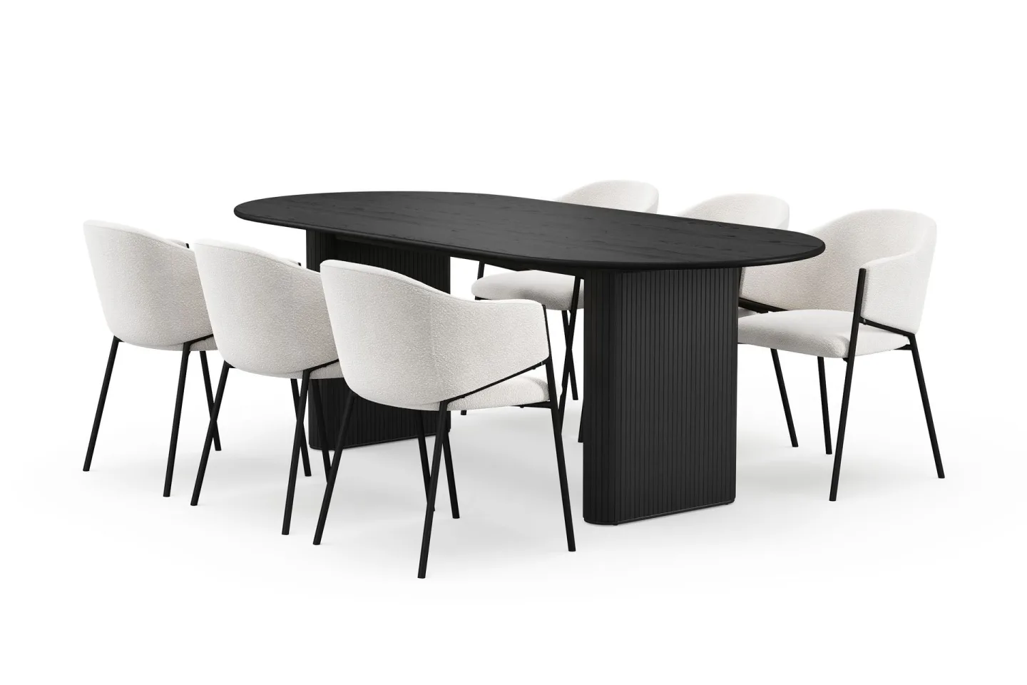 Noira Ovalt Matbord 220 cm med 6 Filip Matstolar - Svart / Vit Bouclé