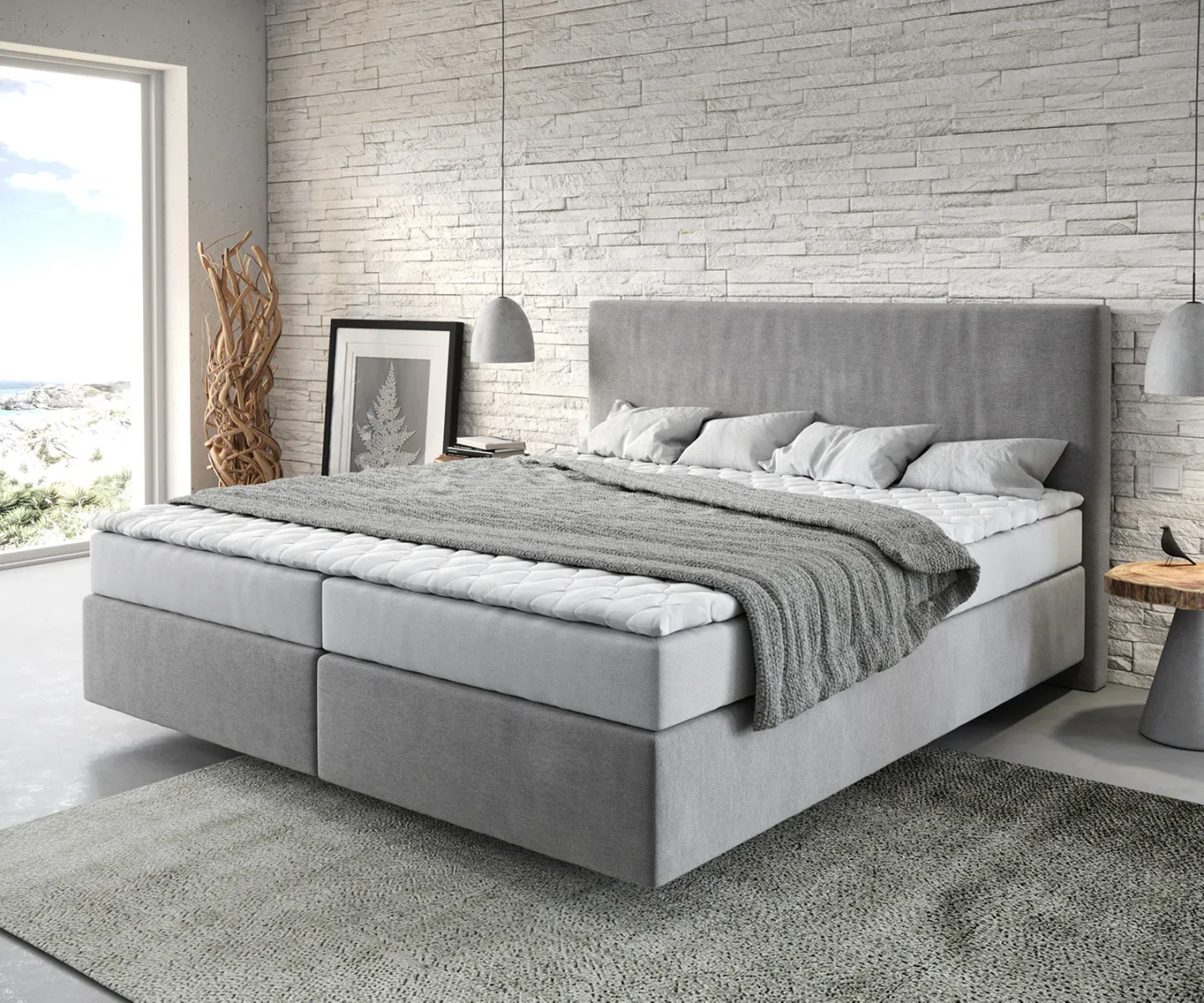 Boxspringbett Dream-Well 180x200 cm Mikrofaser Grau mit Matratze und Topper