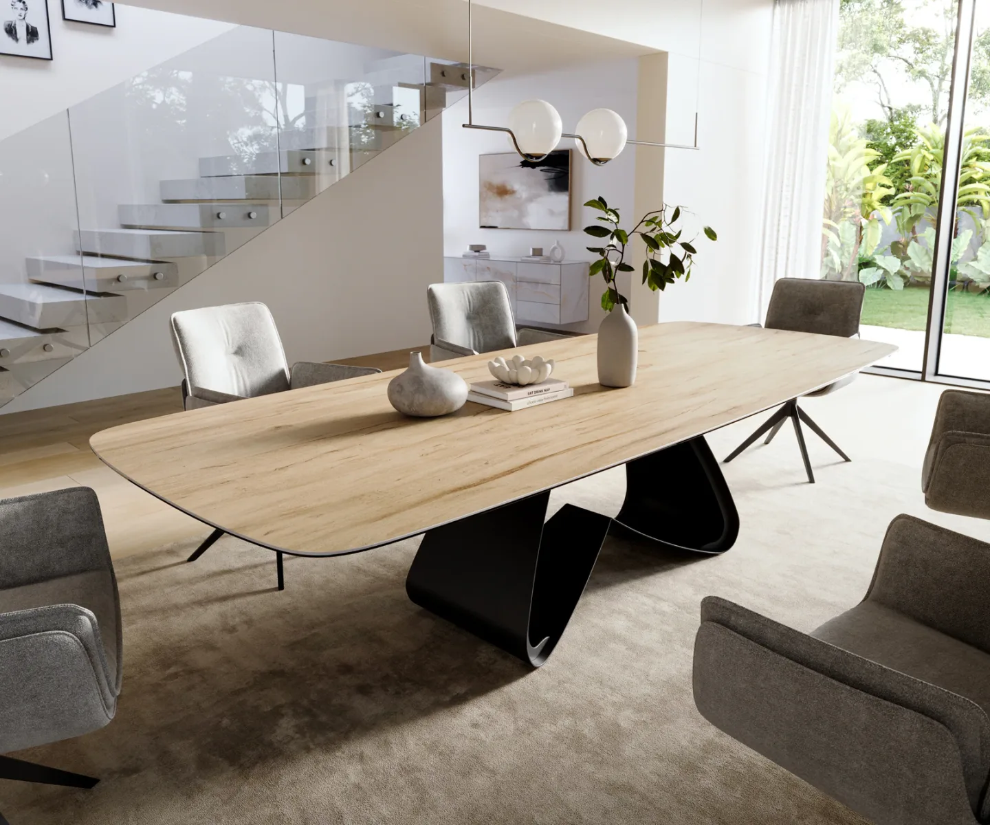 Esstisch Edge Boot 300x120 cm Keramik Laminam® Sabbia Eichefarbig W-Gestell Metall Schwarz