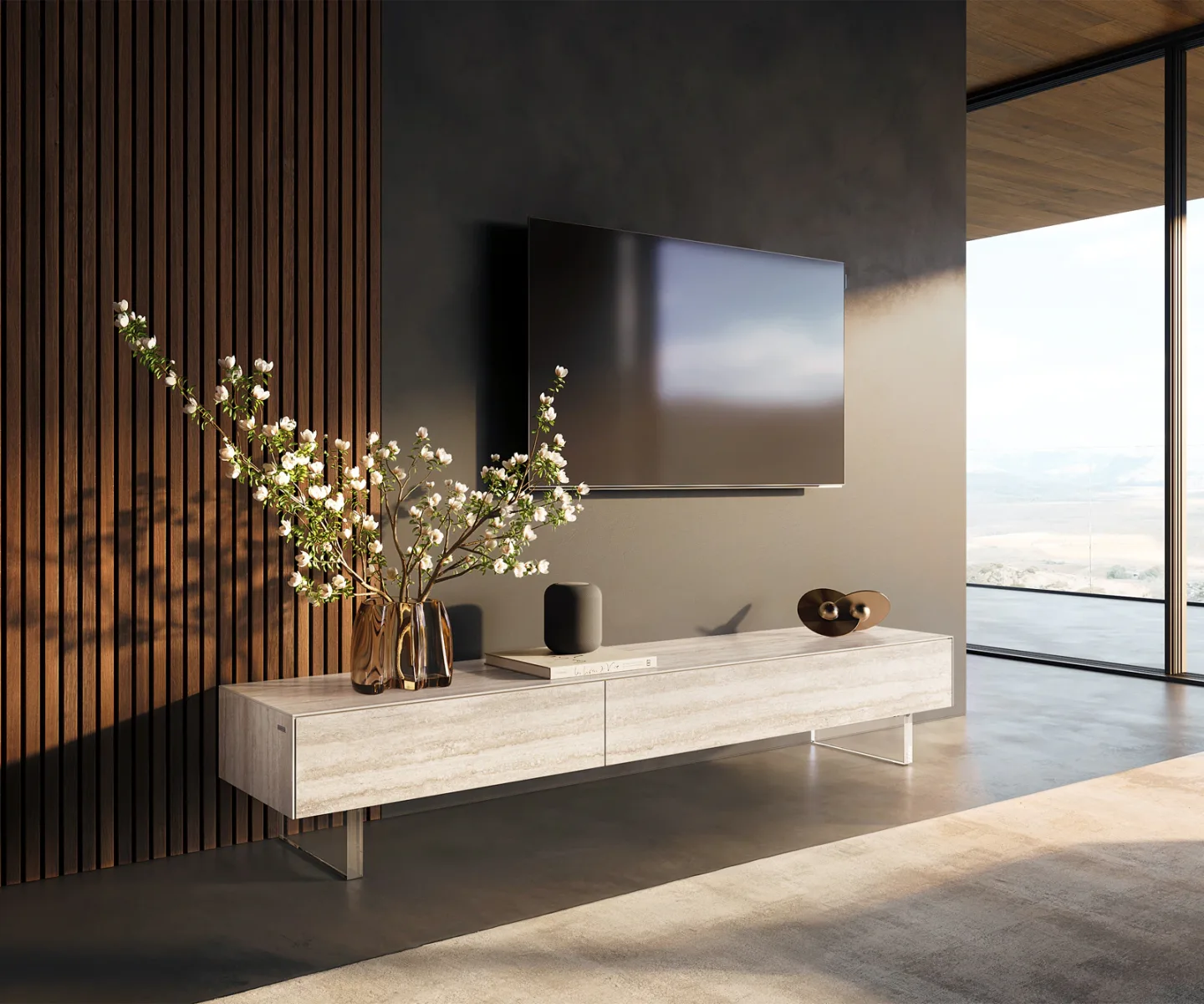 Lowboard Cuor 200 cm Keramik Laminam® Travertino Bianco Creme-Weiß 1 Klappe 1 Schubfach Fuß Schwebeoptik Acrylglas
