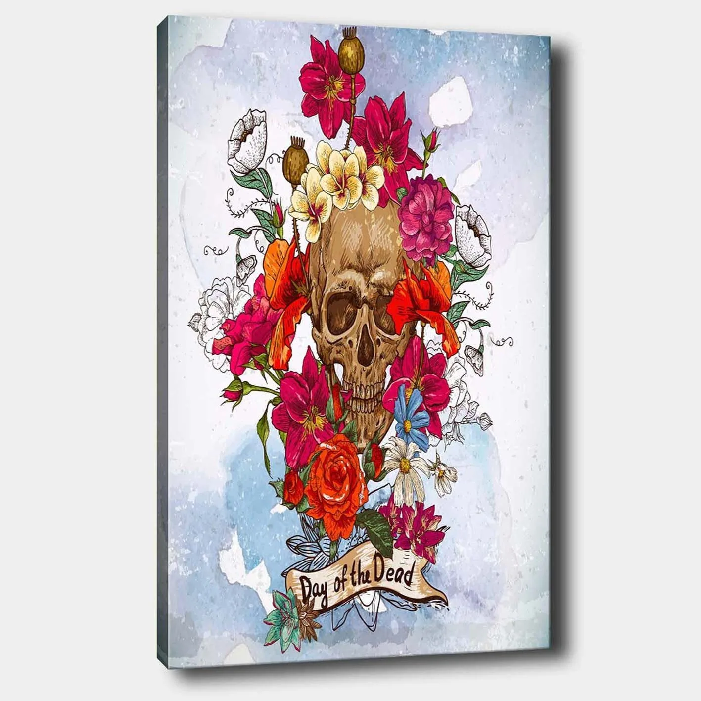Canvastavla 70x100 cm - Färgglad dödskalle omgiven av blommor, symboliserande Día de los Muertos - Röd / Rosa / Gul