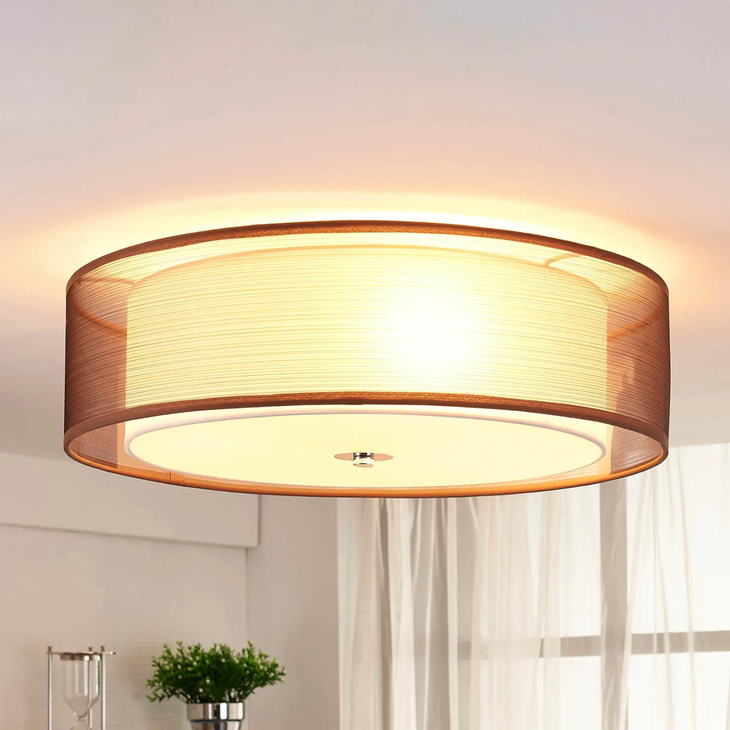 Tobia Deckenleuchte Brown/White/Chrome - Lindby - Wohnzimmer - Modern - Stoff / Textil - Rund