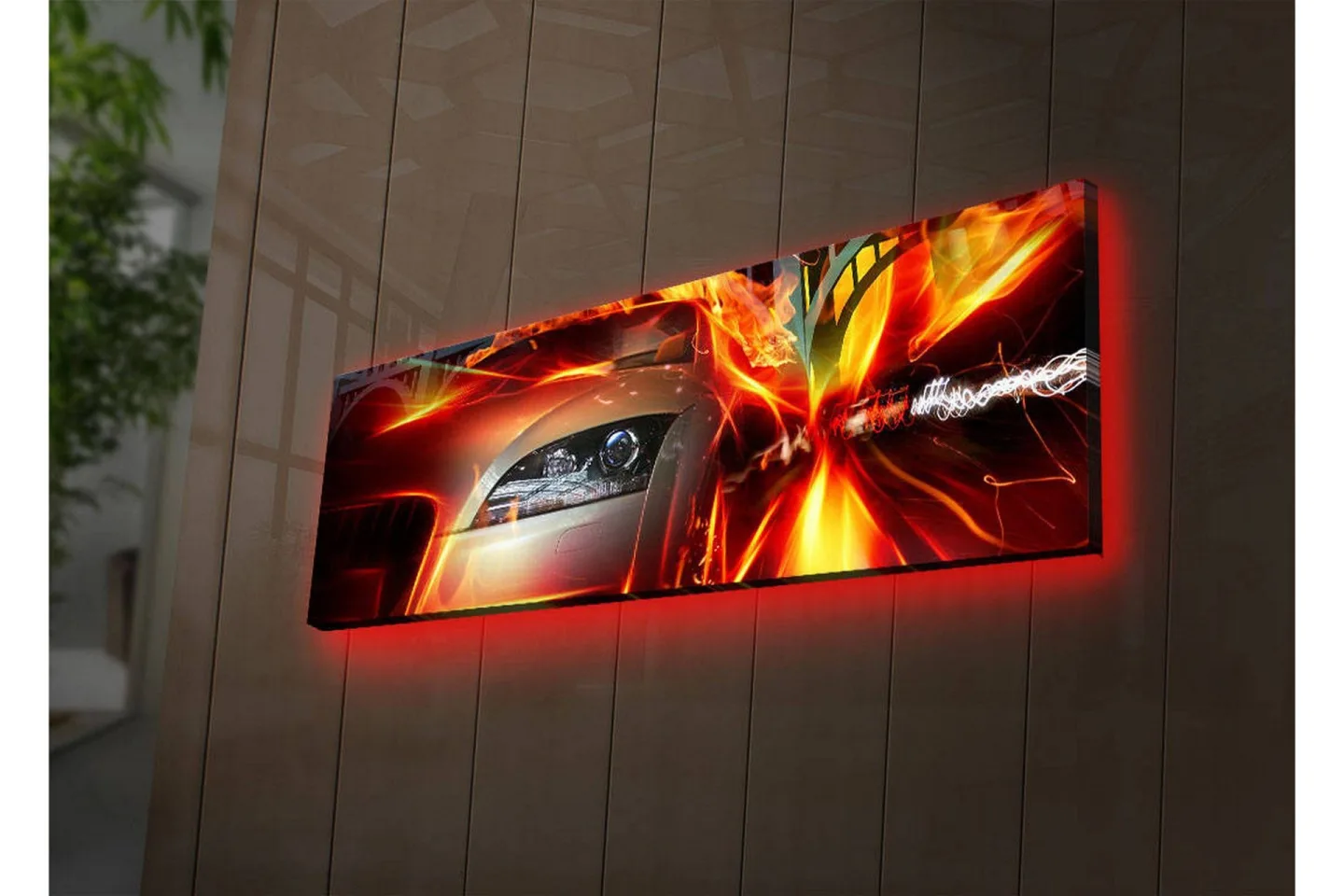 Canvastavla med LED-belysning 30x90 cm - Sportbil i rörelse med dynamiska ljuseffekter - Röd / Orange / Svart