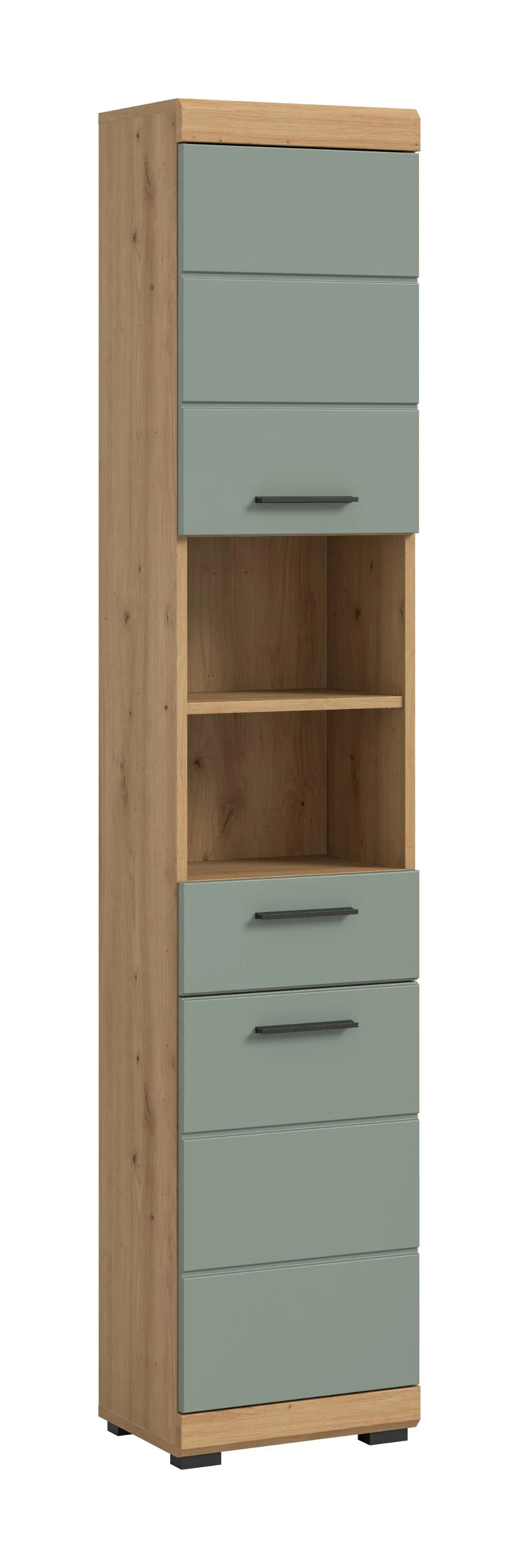 Scout Hochschrank Bad 2 Türen, 1 Schublade, 2 Regale Salbeidekor, Eiche Dekor.