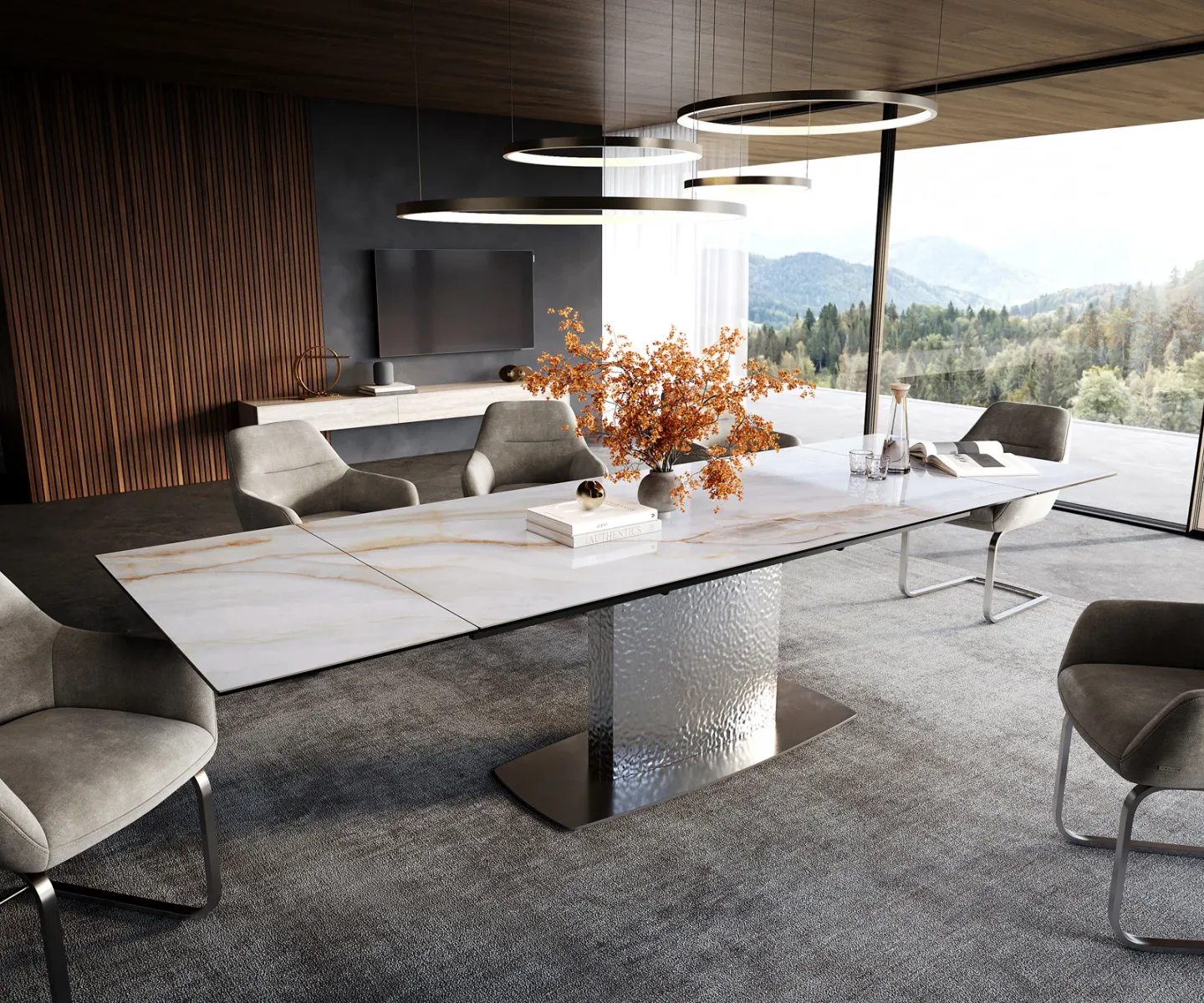 Esstisch Edge 200-300x100 cm Keramik Onyx Pearl Wave Edelstahl ausziehbar