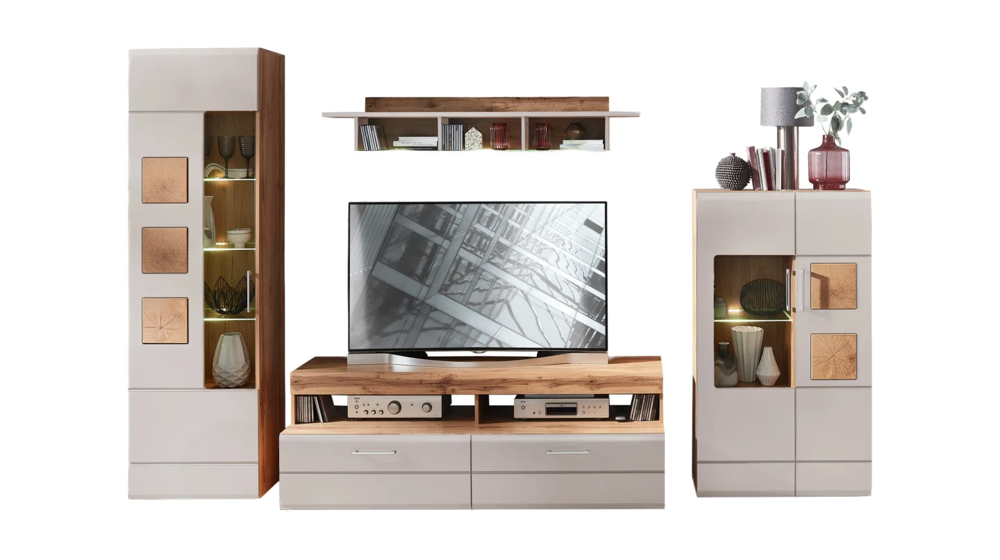 Wohnwand Beige-Kaschmir - Eiche 340 cm - LED-Beleuchtung - SINFONIE