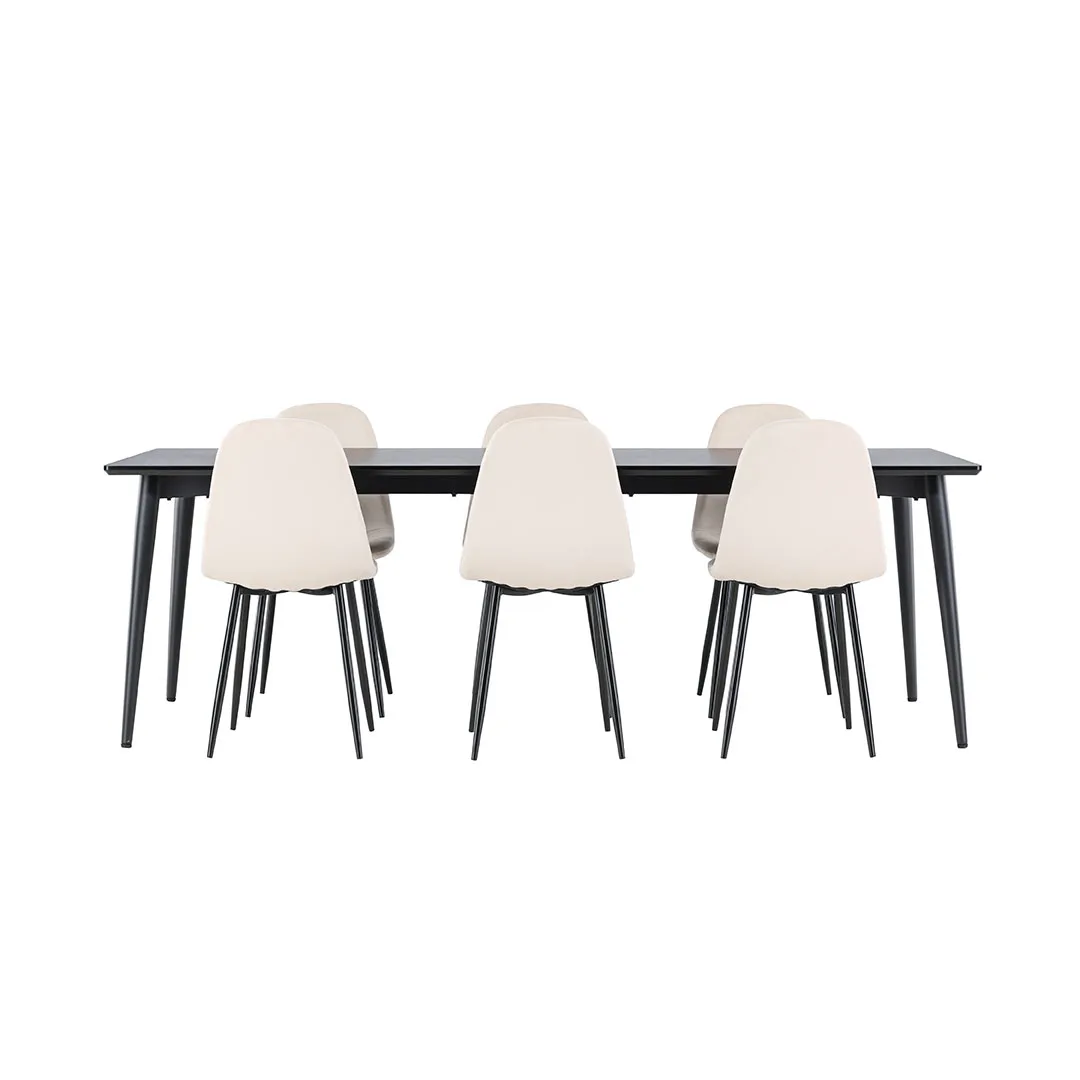 Ellis Essgruppe Tisch 85x230cm und 6 Velours Stühle schwarz.