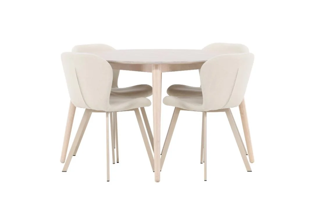 Flora Essgruppe Tisch Ø120cm und 4 Stühle whitewash, beige.