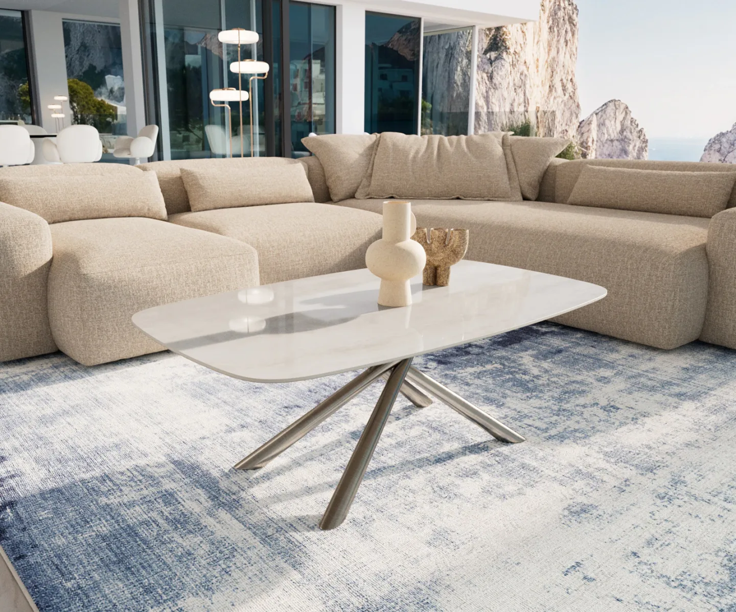 Couchtisch Edge Boot 120x70 cm Keramik Onyx Champagne Sarity Edelstahl gebürstet