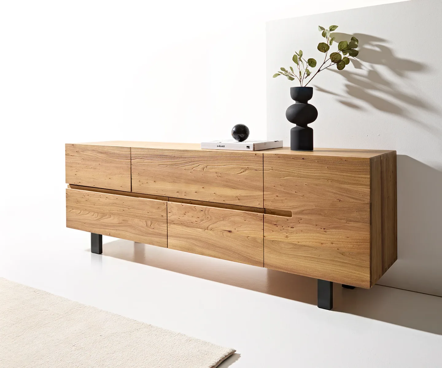 Sideboard Tiamar 180 cm Ulme Natur 1 Tür 4 Schubfächer Fuß Vierkant Metall Schwarz