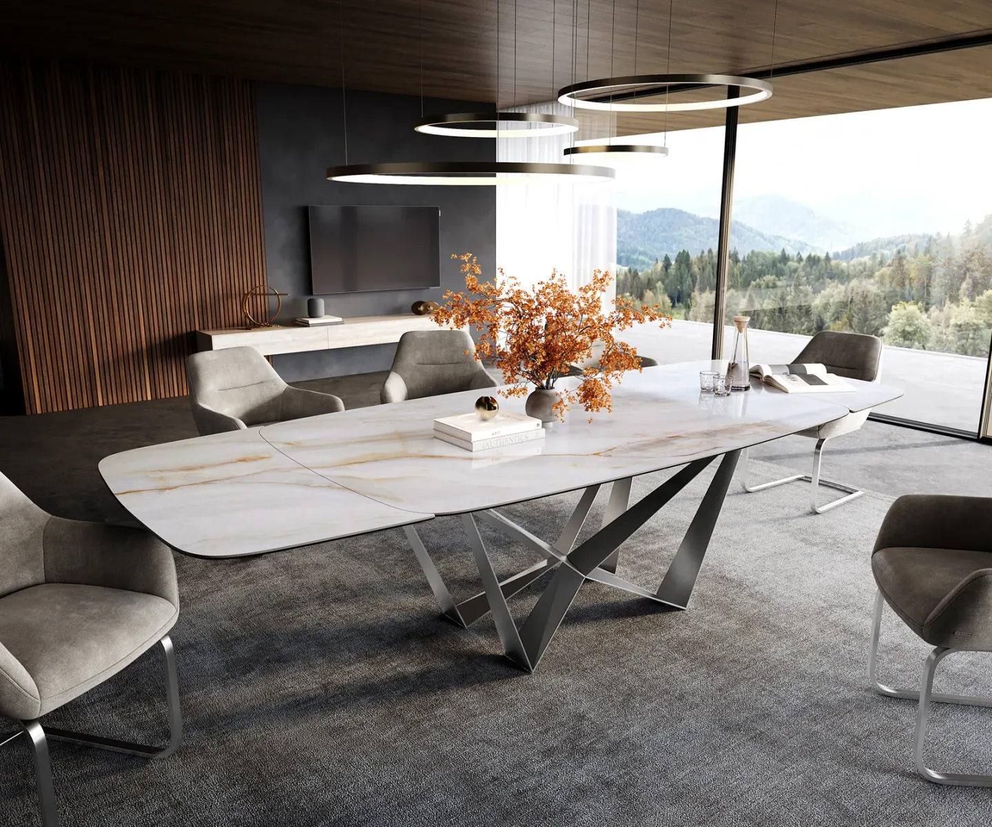 Esstisch Edge Boot 200-300x120 cm Keramik Onyx Pearl Spider Flachstahl Edelstahl ausziehbar