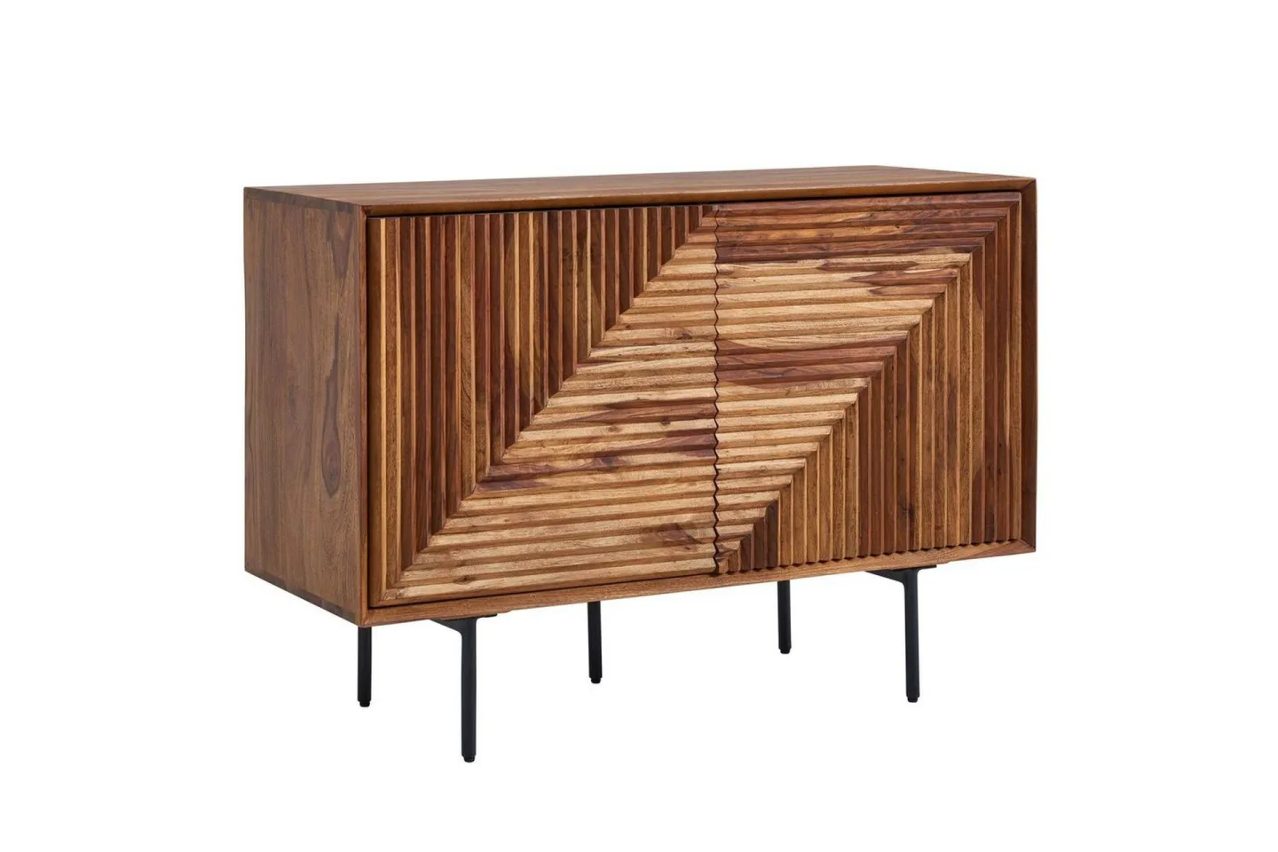 Sideboard Wohnling massivt trä, 3D geometrisk front, tryck-öppna, industriell loftstil 100 cm - 100 cm