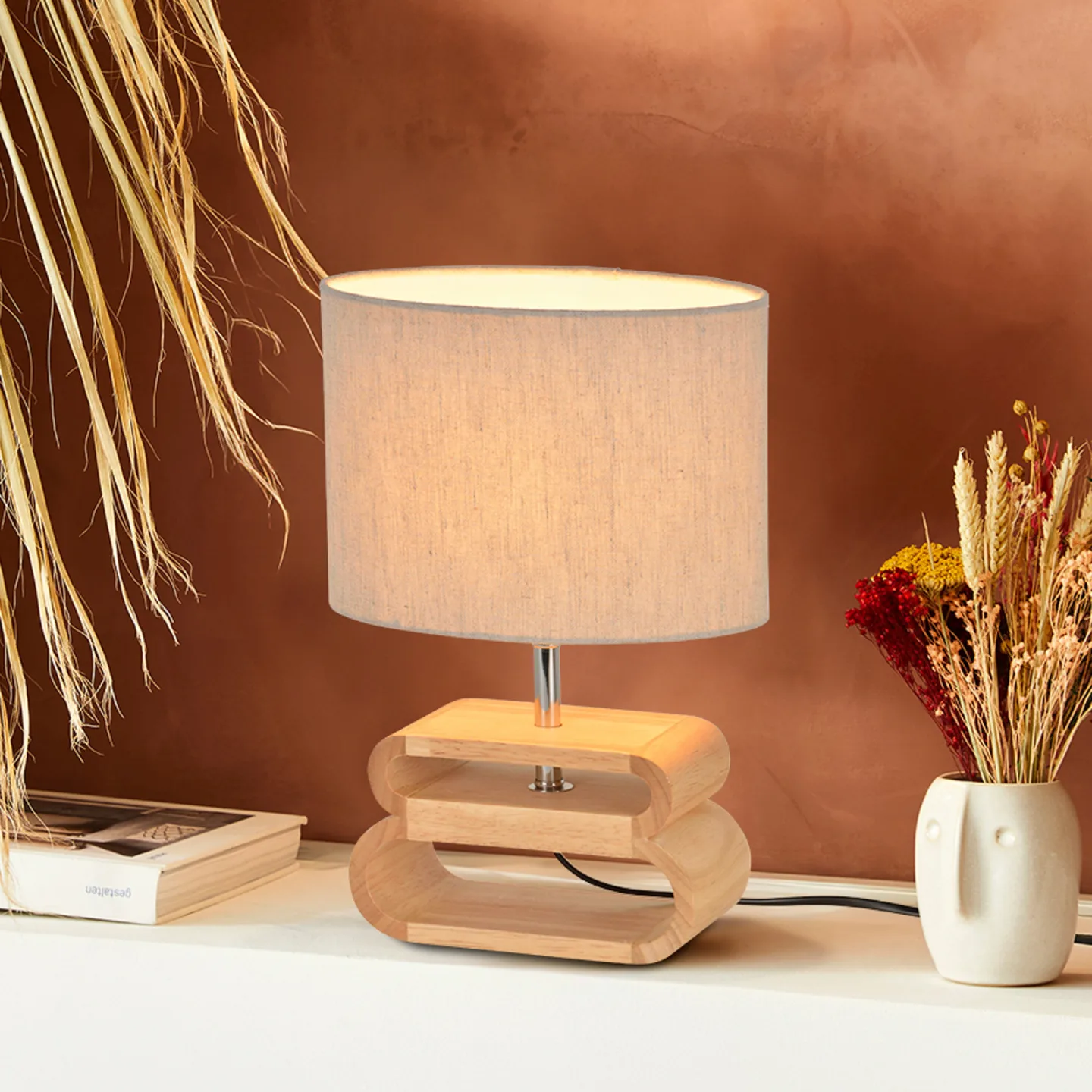 Oslo bordlampe, hvid/lyst træ, højde 30 cm – COREP SAS - Stue - Skandinavisk - Stof / tekstil - Med skærm