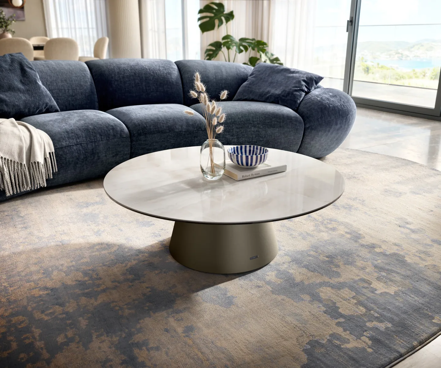 Couchtisch Edge Rund 100x100 cm Keramik Onyx Champagne Borna Effektfinish Titan