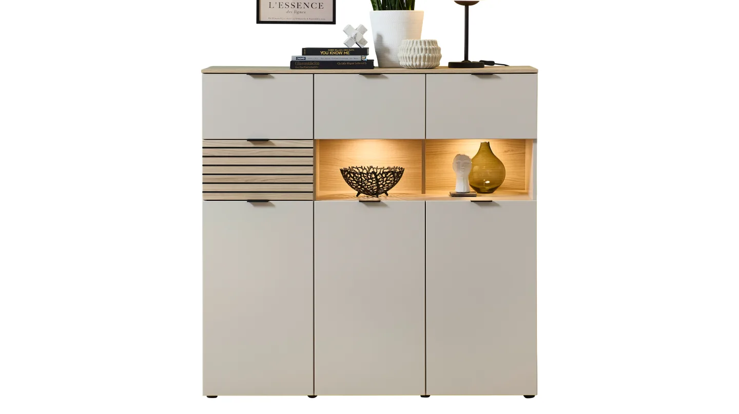 Highboard mit Beleuchtung Beige-Kaschmir - Riva Eiche 125 cm - INA