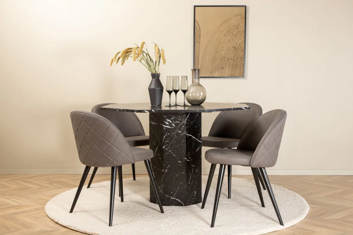 Marbs Matgrupp 110 cm Rund med 4 Velvet stolar - Grå