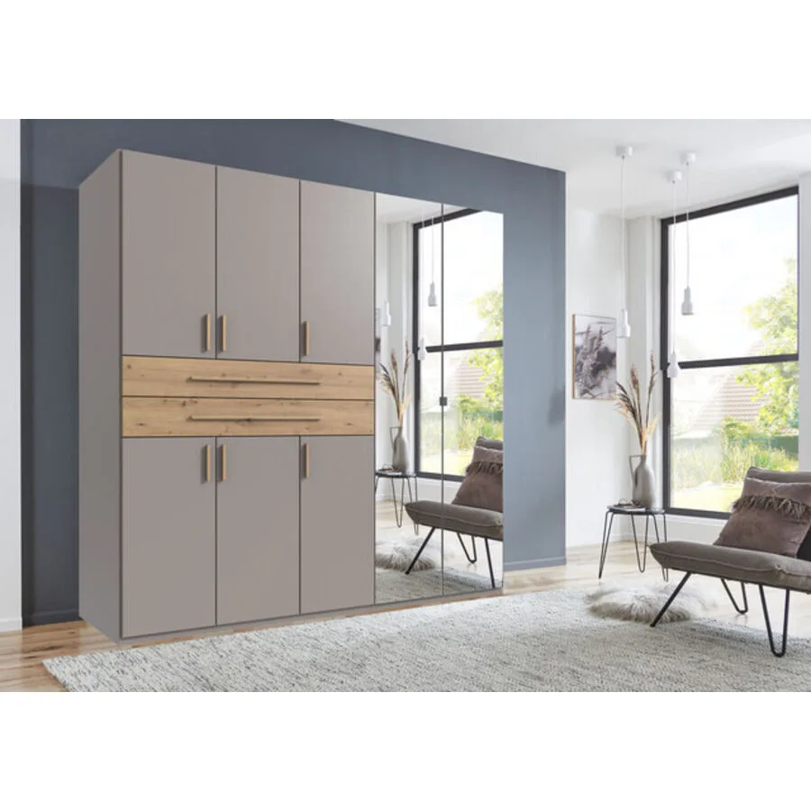 Kleiderschrank Stride Saharagrau, Abs. Artisan-Eiche-Nachbildung - Griffe Artisan-Eiche-NB Mischholz B 225 cm