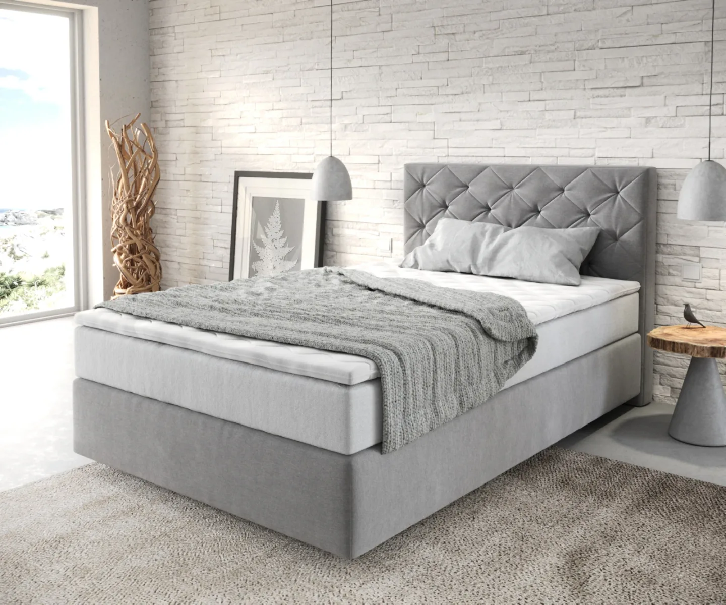 Boxspringbett Dream-Great 120x200 cm Mikrofaser Grau mit TFK Matratze und Visco Topper