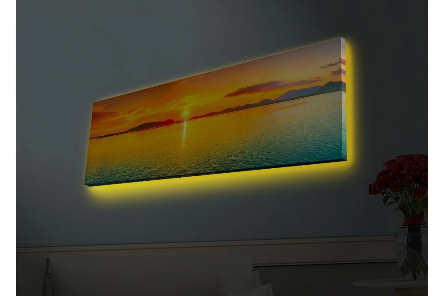Canvastavla med LED-belysning - Solnedgång över stilla vatten - Orange / Blå / Guld