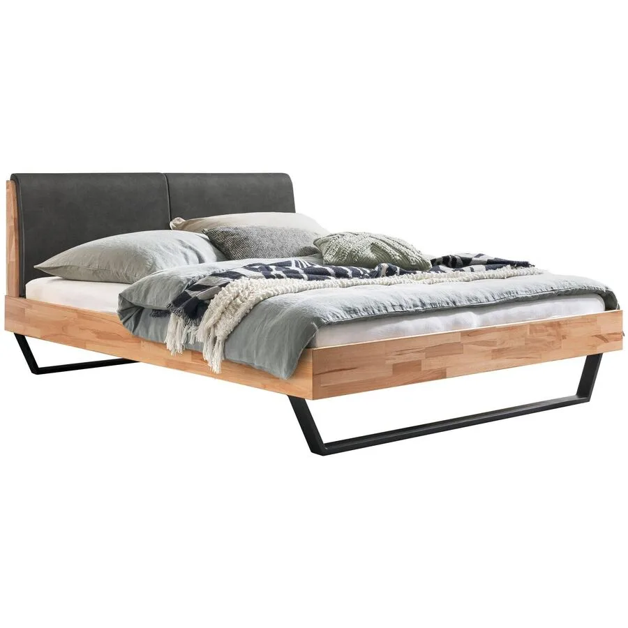 Hasena Bett Pollino Dunkelgrau, Natur, Schwarz Kernbuche Massivholz 140 x 200 cm