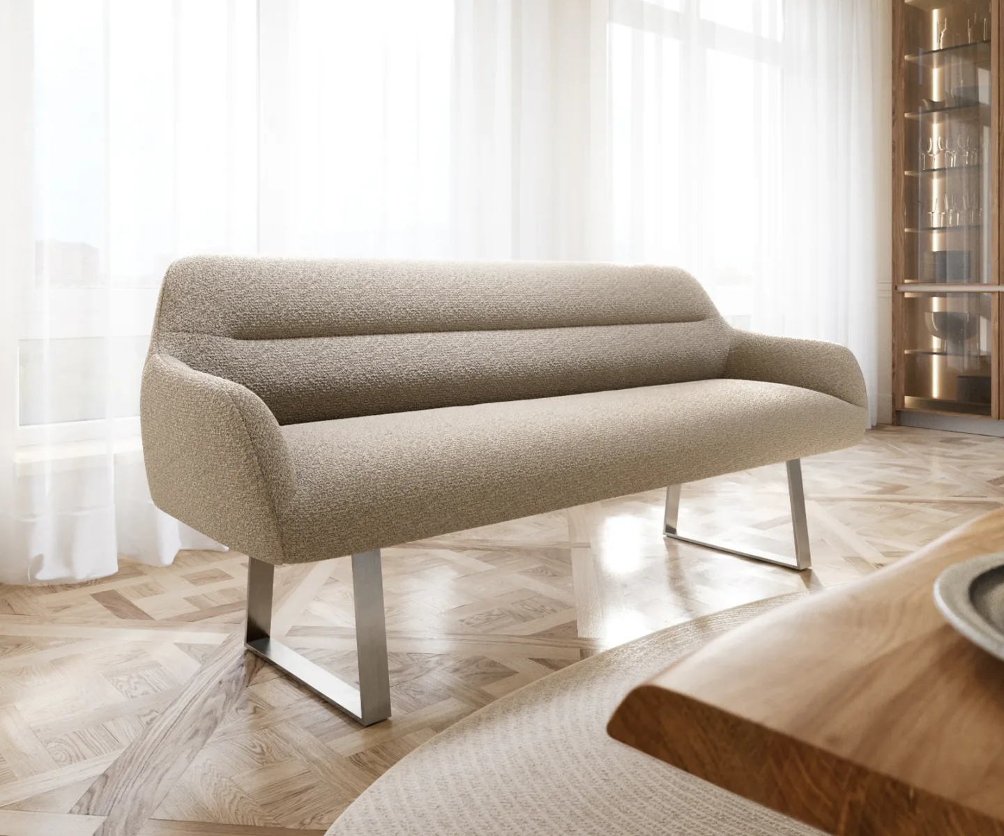 Esszimmerbank Taya-Flex 200 cm Bouclé Schlamm Kufengestell kantig Edelstahl Taschenfederkern