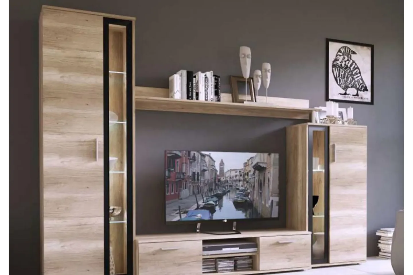 Olerum TV-möbelset - Ek/Svart/Led-Belysning