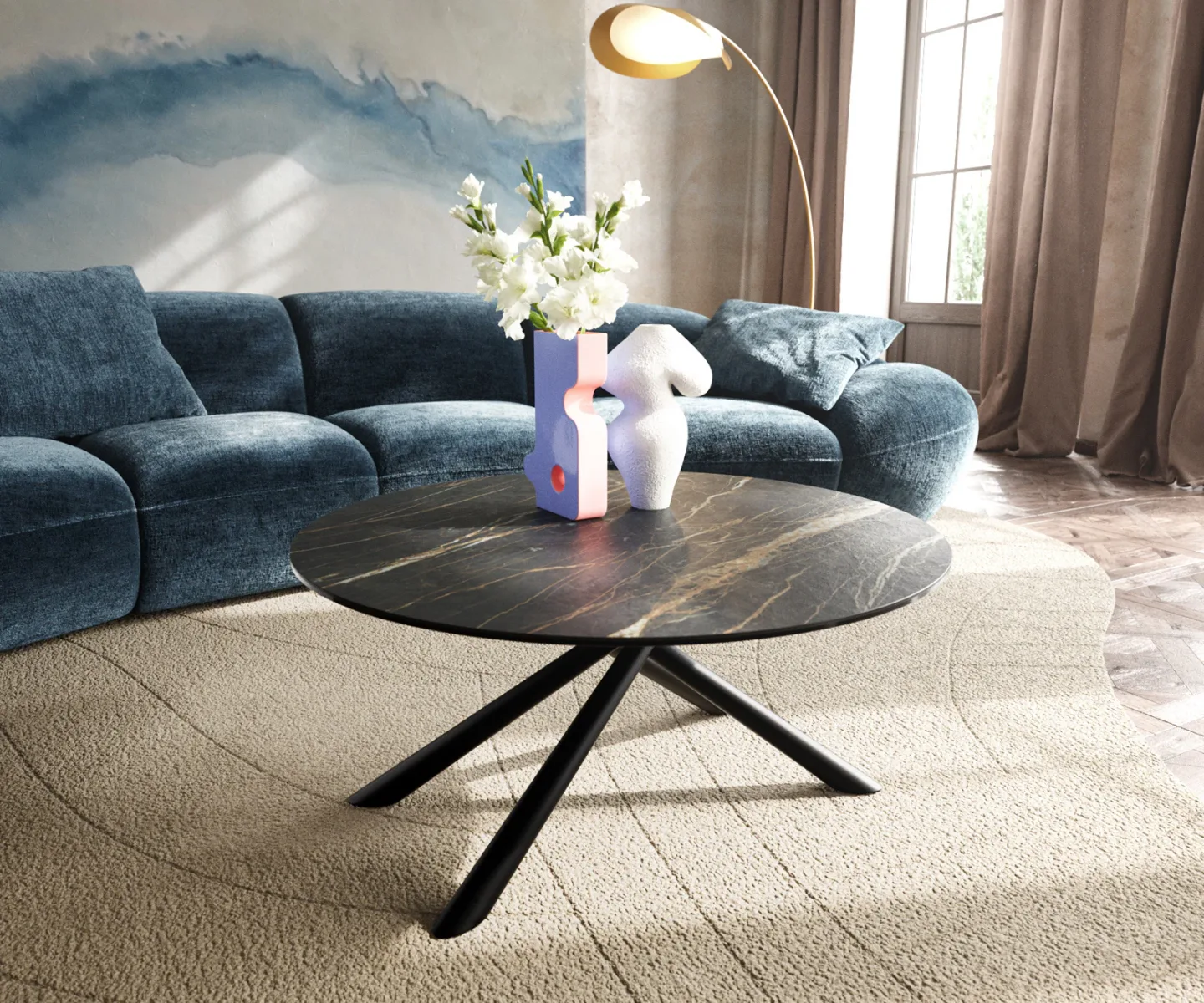 Couchtisch Edge Rund 90x90 cm Keramik Laminam® Noir Desir Braun Sarity Metall Schwarz
