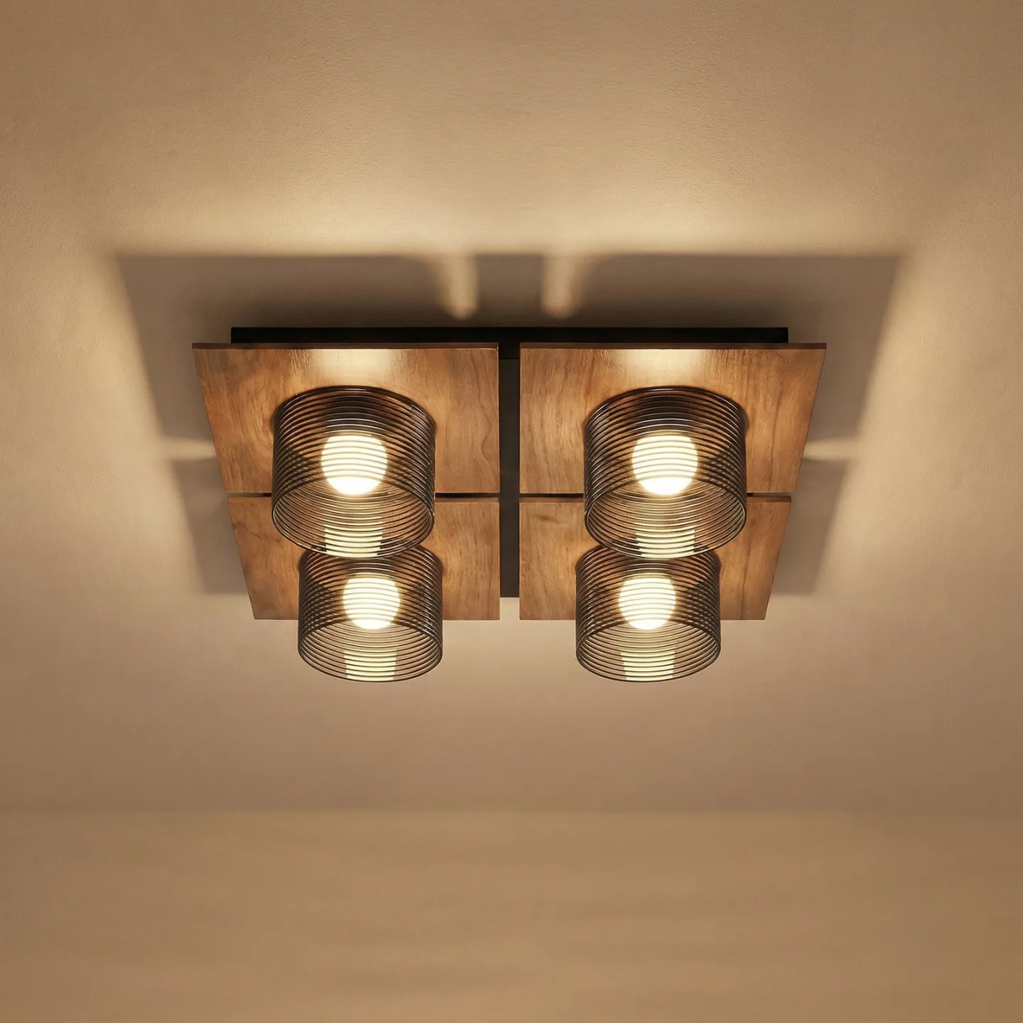 Eiko LED-loftlampe, valnød/røggrå, glas, 42 cm, kantet - Lucande - Stue - Moderne - Plastik