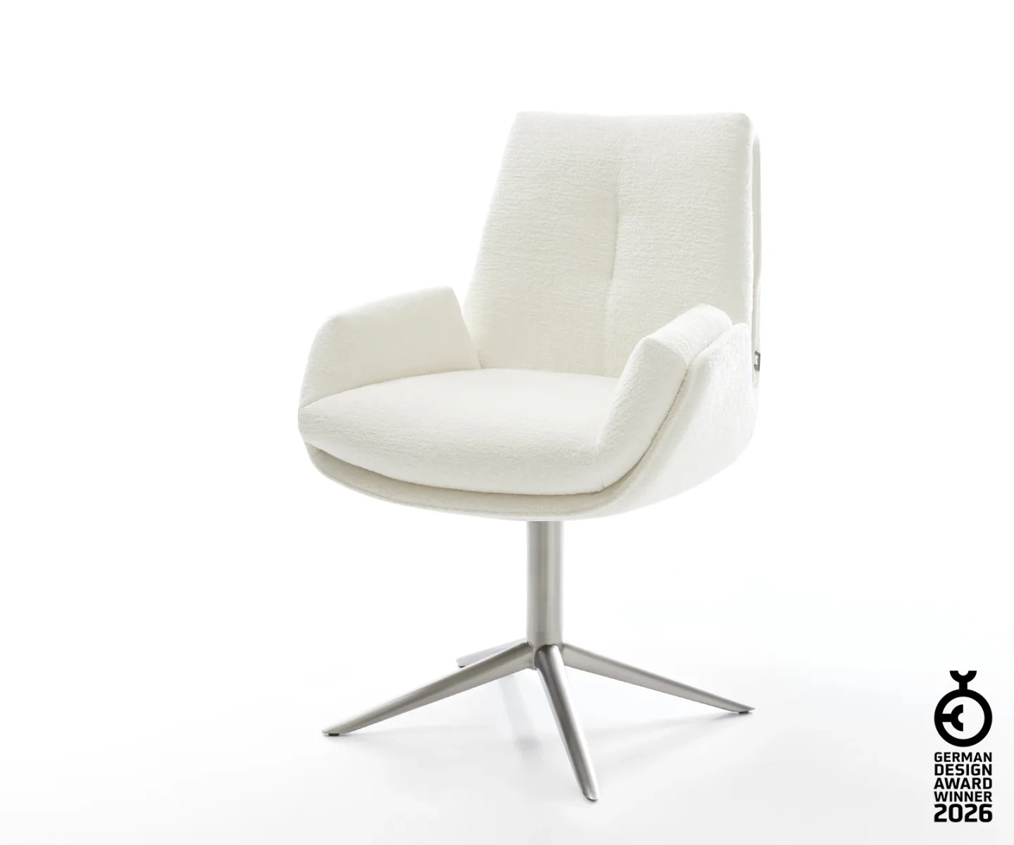 Drehstuhl Clea-Flex Bouclé Soft Beige Fußkreuz Edelstahl 360° drehbar Wippfunktion