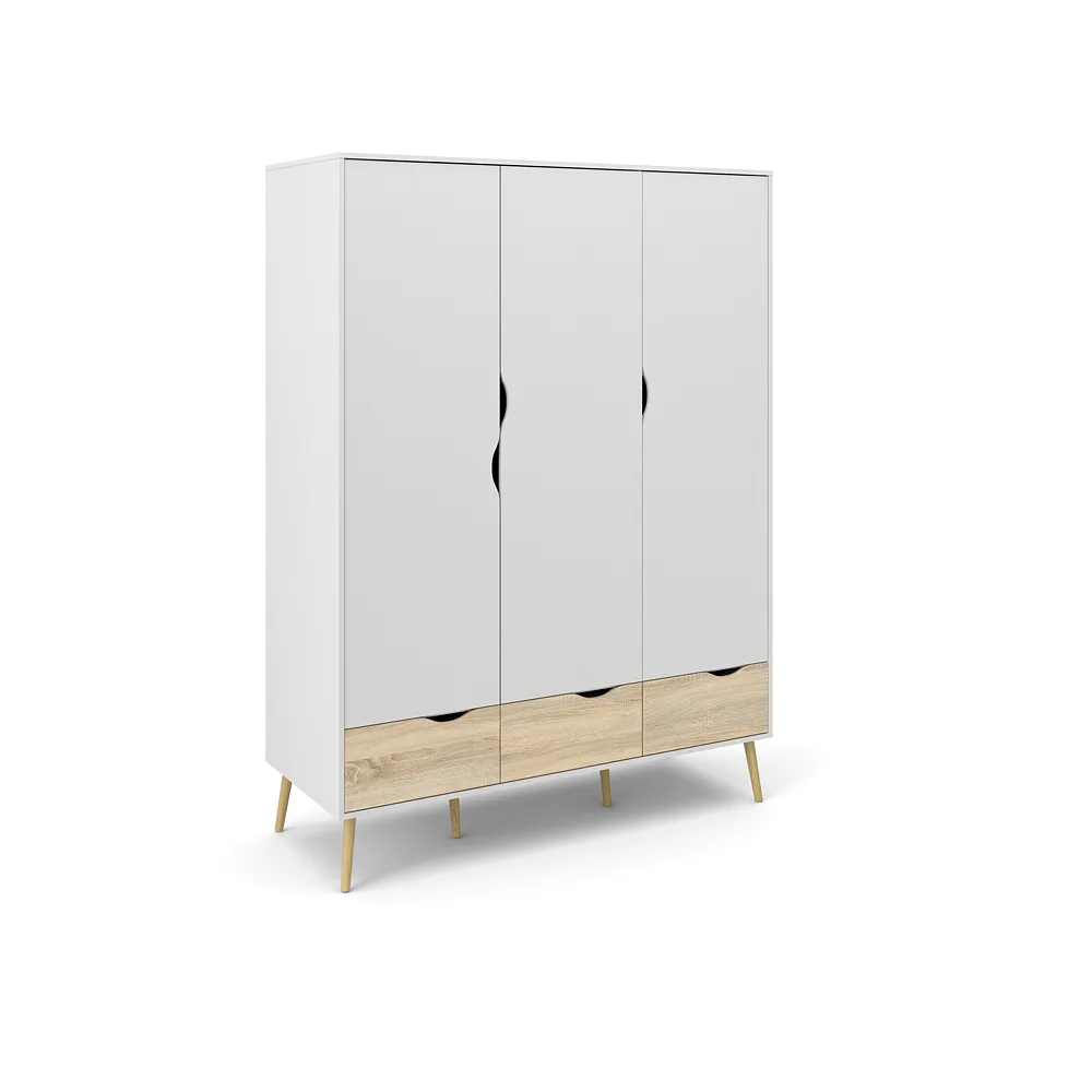 Napoli Kleiderschrank mit 3 Türen und 3 Schubladen weiss/ Eichestruktur/ massiv Eiche.
