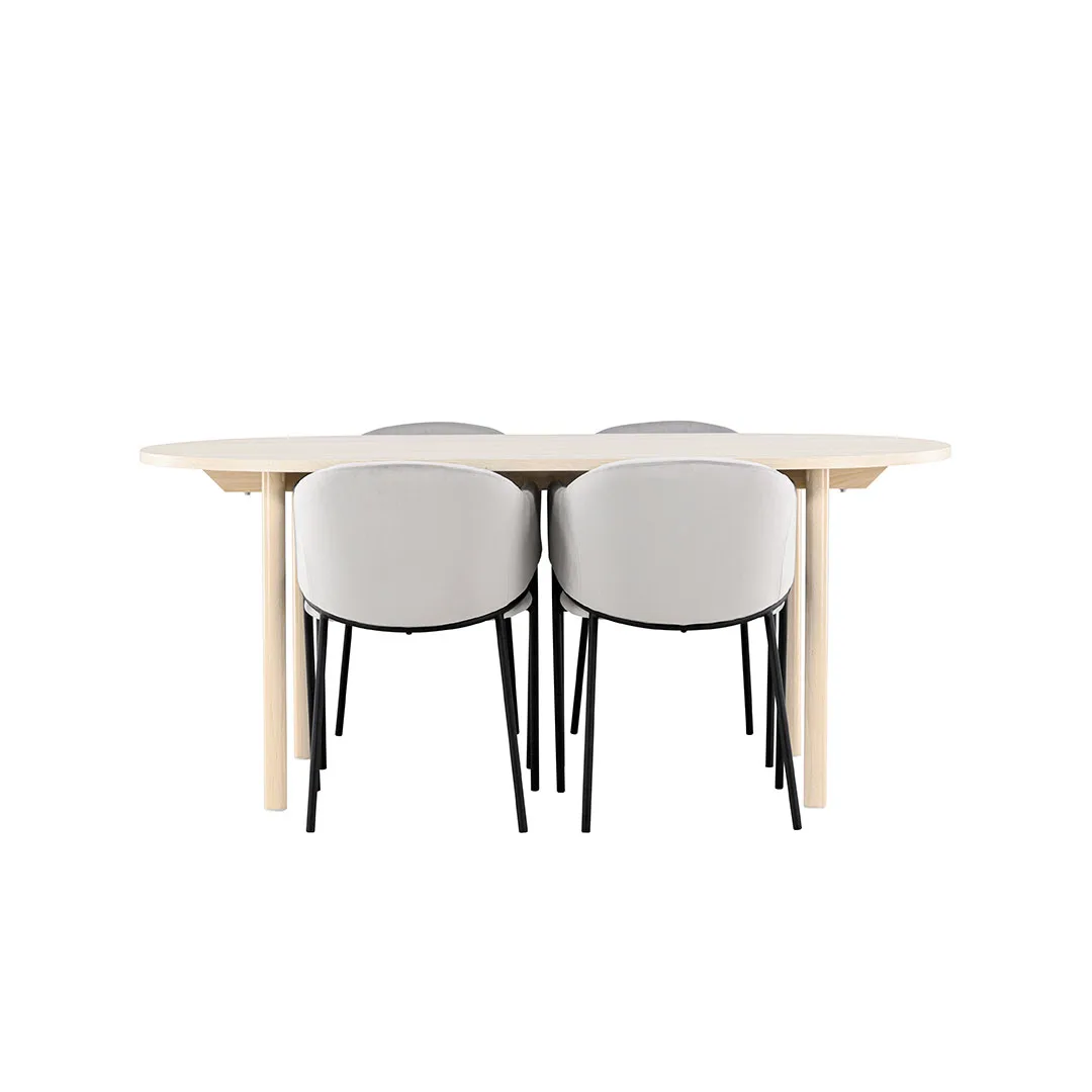 Andy Essgruppe Tisch 90x180cm und 4 Velours Stühle mit Armlehnen whitewash.