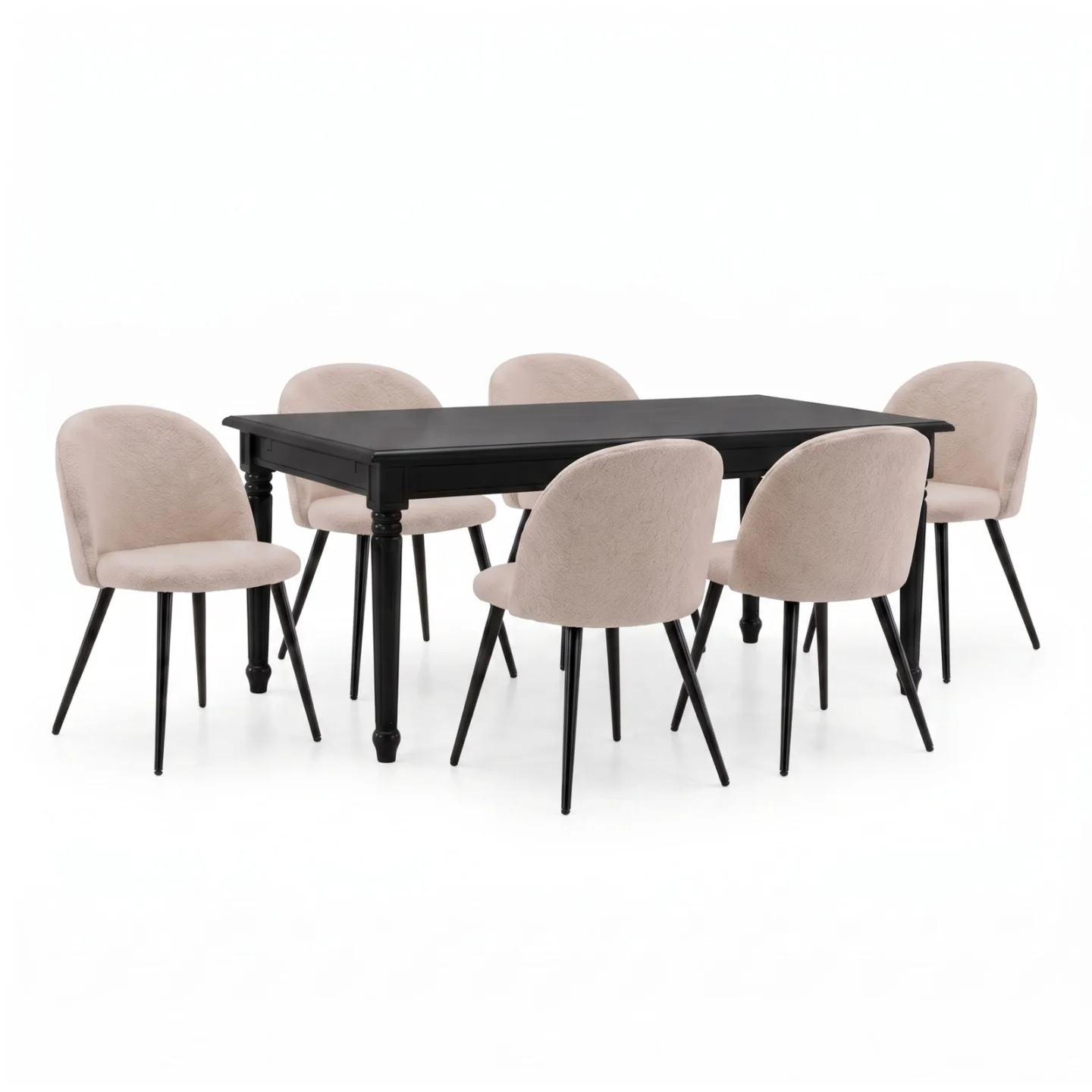 Amaretta Essgruppe Tisch schwarz 100x180/280 inkl. 2 Einlegeplatten, 6 Bouclé-Stühle beige.