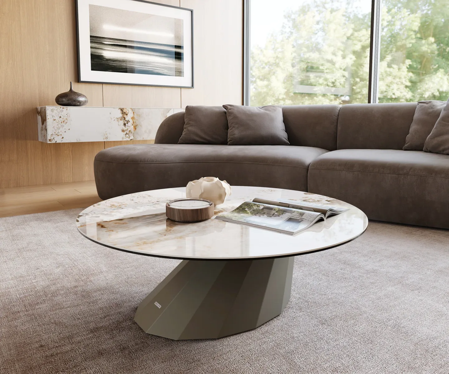 Couchtisch Edge Rund 100x100 cm Keramik Minas Melange Parabi Metall Effektfinish Titan