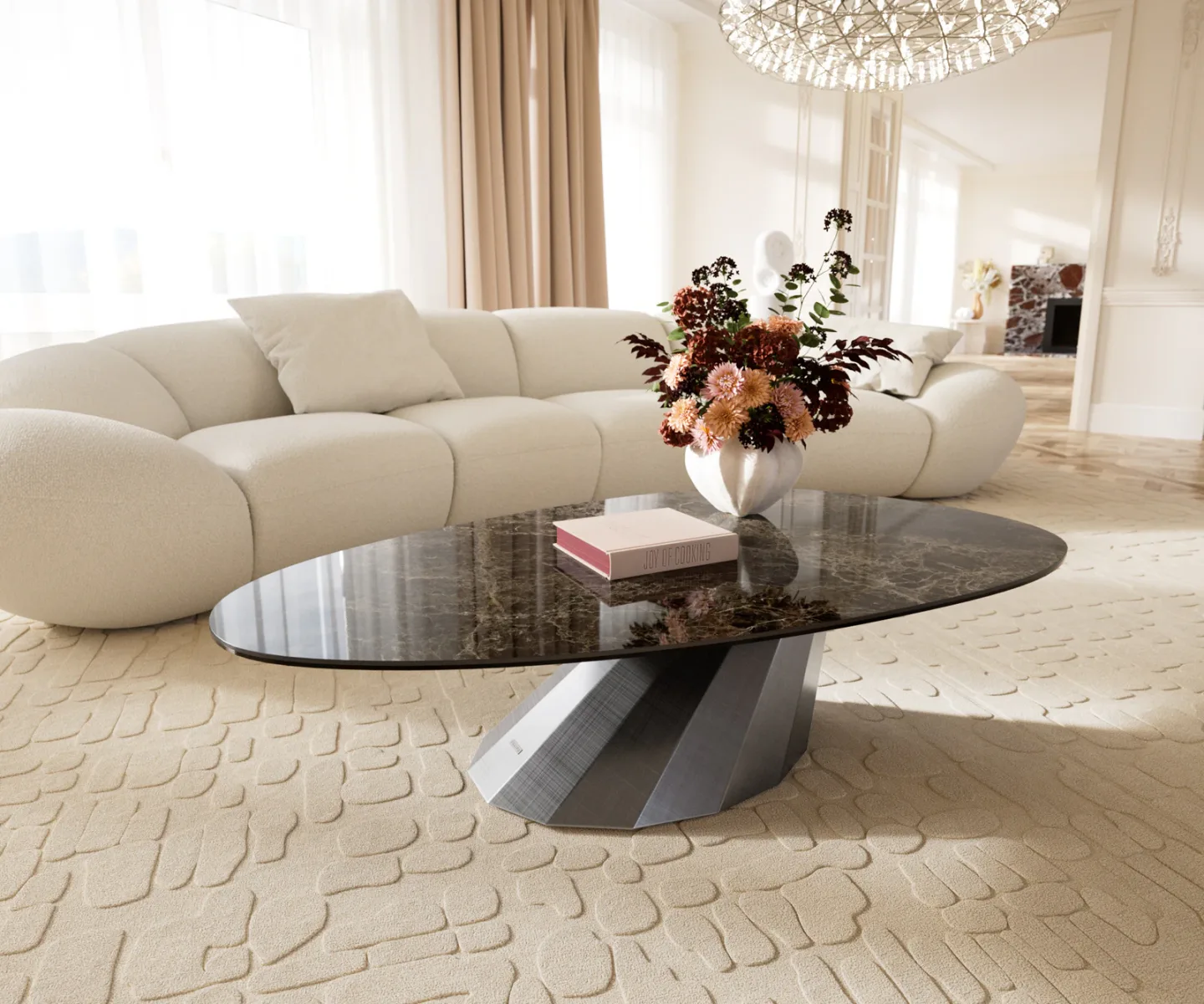 Couchtisch Edge Oval 140x75 cm Keramik Emperador Extra Lucidato Dunkelbraun Parabi Metallic Silber