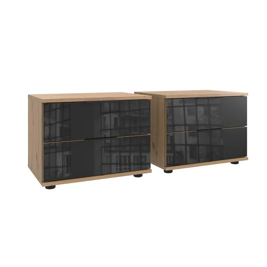 Nachttisch 2er-Set Metac Eiche Nachbildung, Schwarz Spanplatte, Glas B 104 H 40 cm