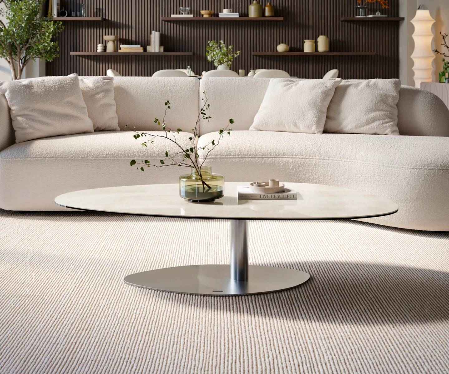 Couchtisch Edge Oval 140x75 cm Keramik Onyx Champagne Vibany Edelstahl gebürstet