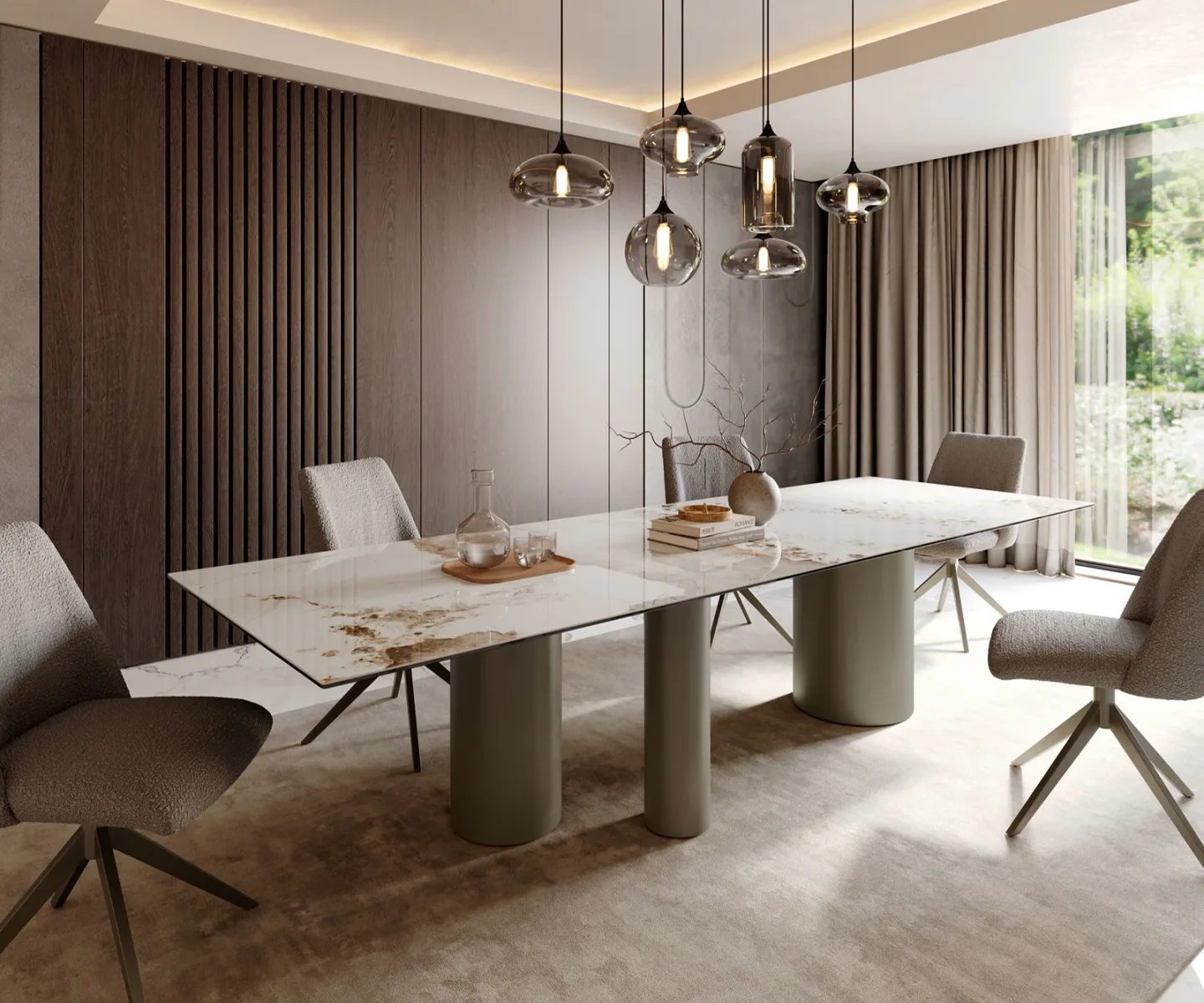 Esstisch Edge 300x100 Keramik Minas Melange Weiß-Beige Troa Metall Effektfinish Titan