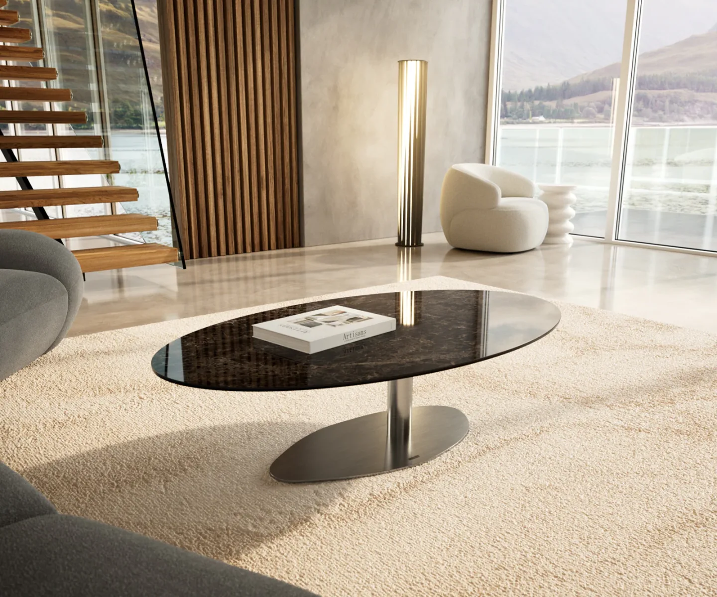 Couchtisch Edge Oval 140x80 cm Keramik Emperador Extra Lucidato Dunkelbraun Vibany Edelstahl gebürstet