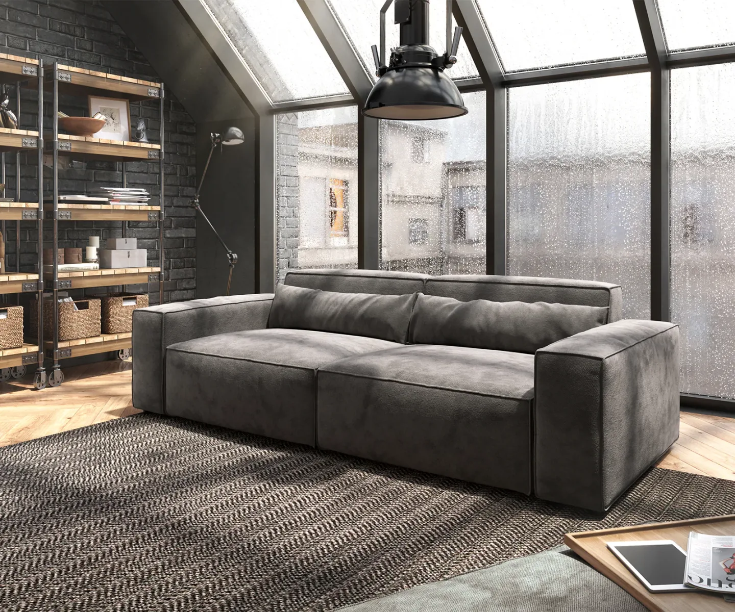 Big-Sofa Sirpio 230x95 cm Mikrofaser Khakibraun mit Hocker